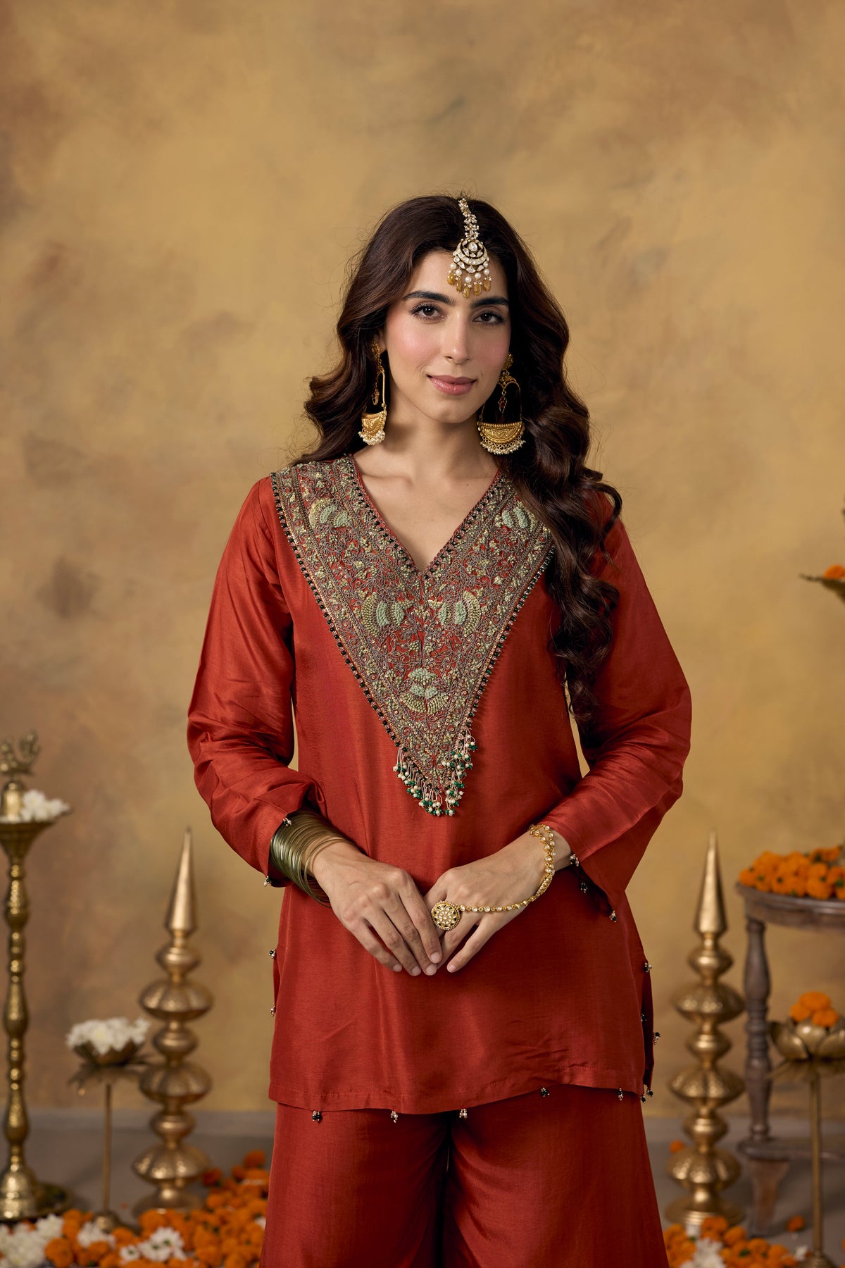 Orange Terracota Embellished Raw Silk Palazzo Set