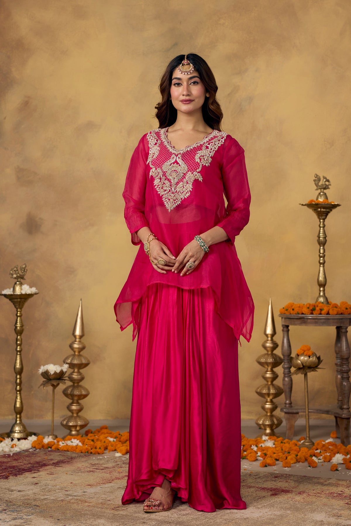 Pink Flamingo Embellished Satin Silk Skirt Set