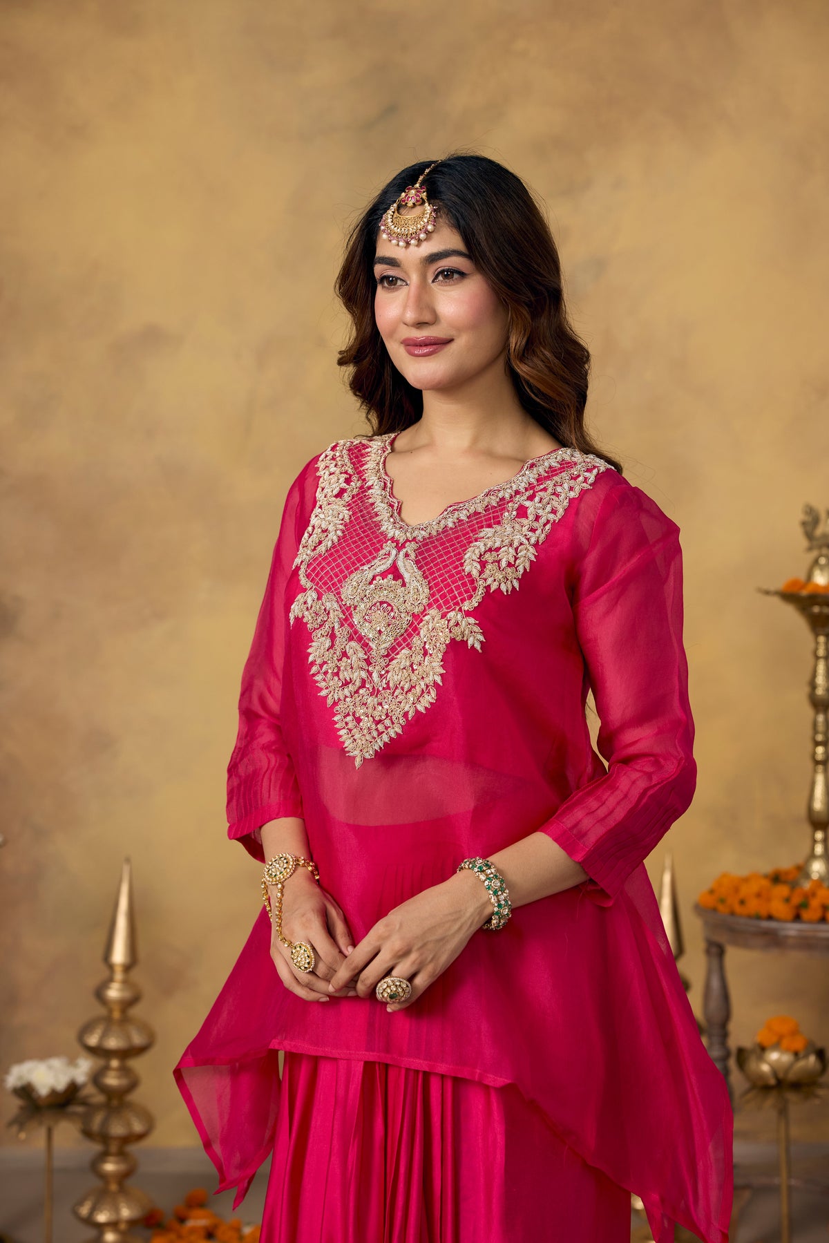 Pink Flamingo Embellished Satin Silk Skirt Set