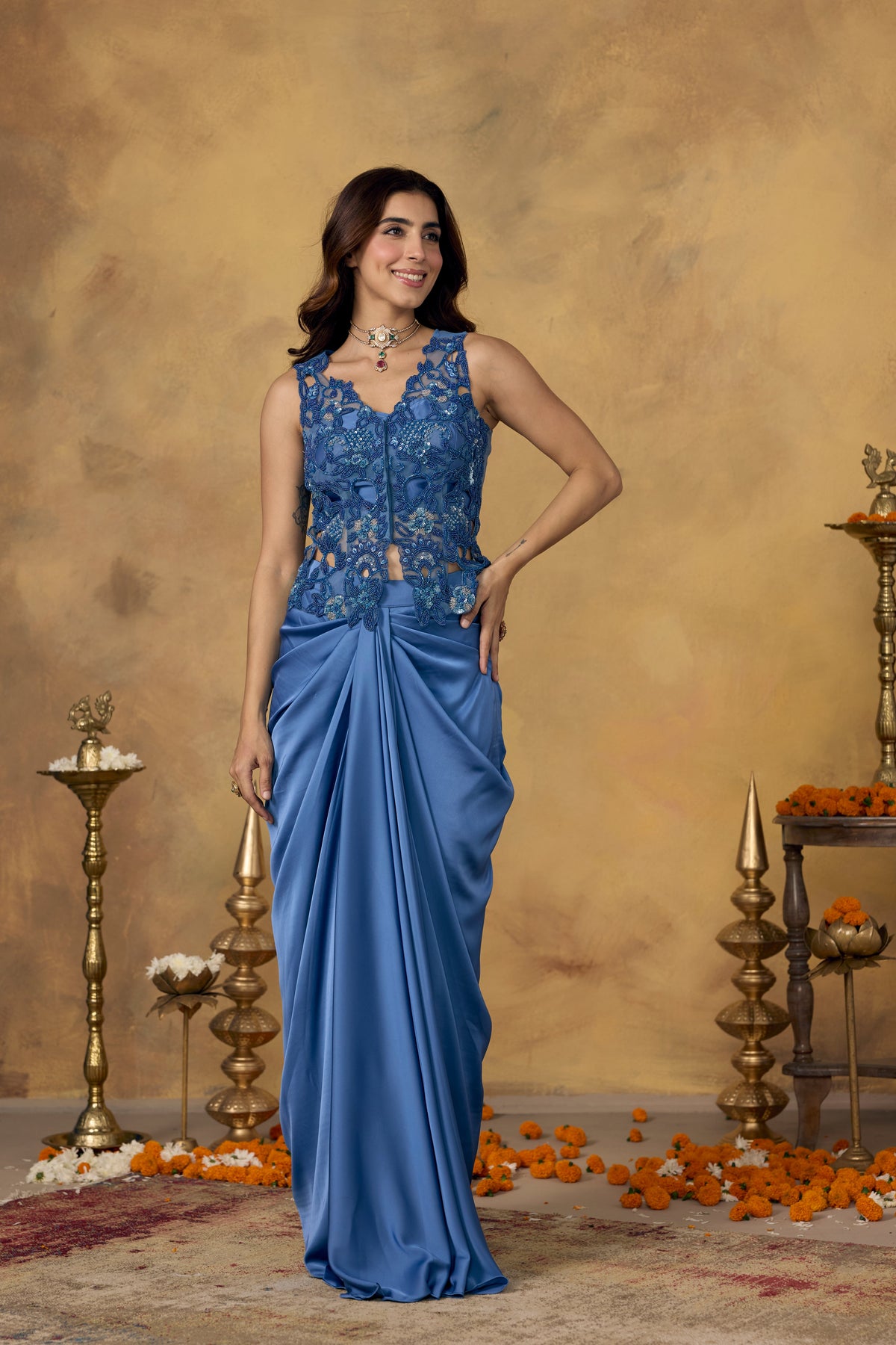Dusty Blue Embellished Satin Silk Skirt Set