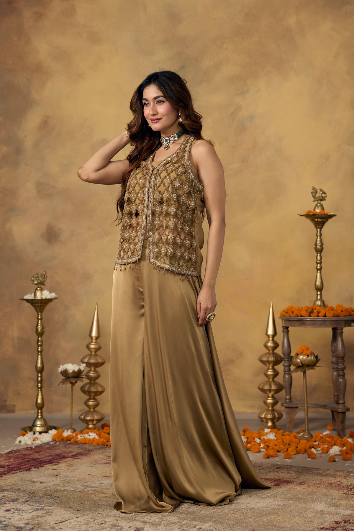 Gold Champagne Embellished Satin Silk Palazzo Set