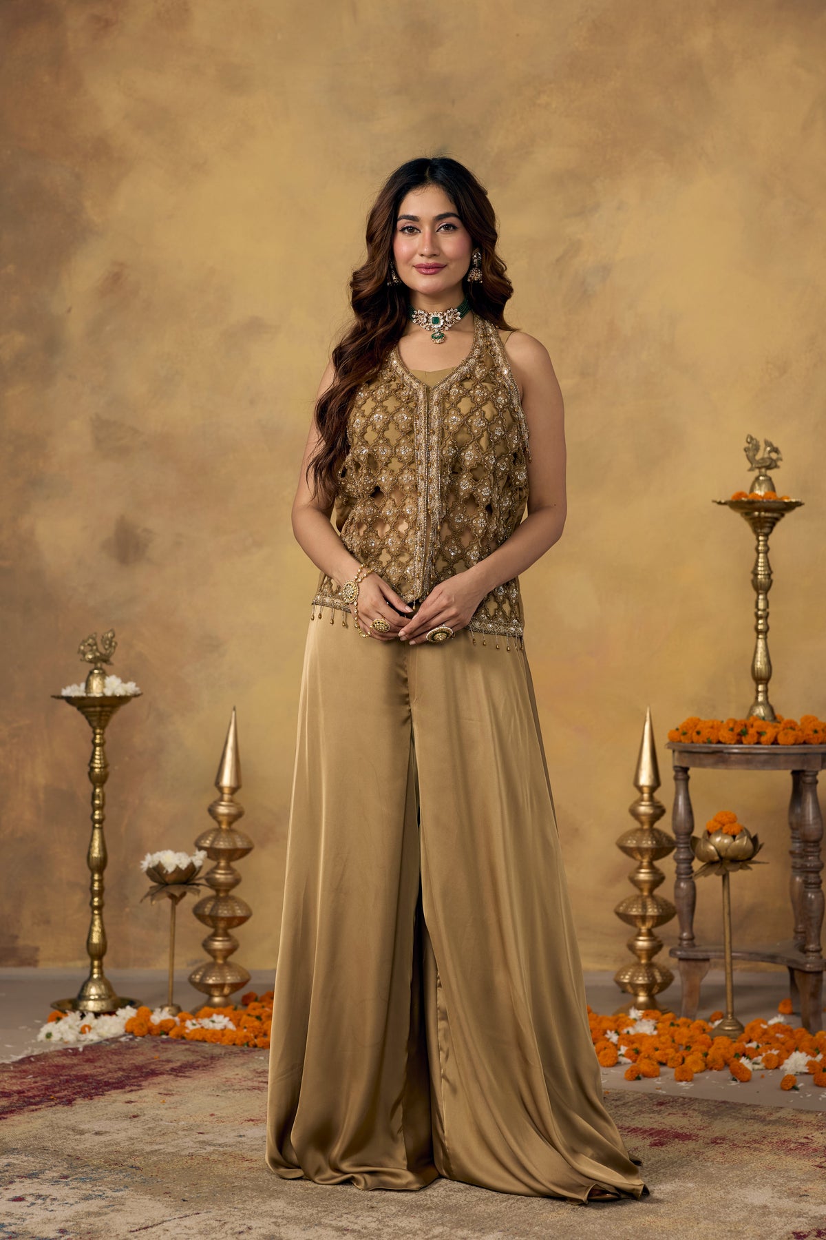 Gold Champagne Embellished Satin Silk Palazzo Set