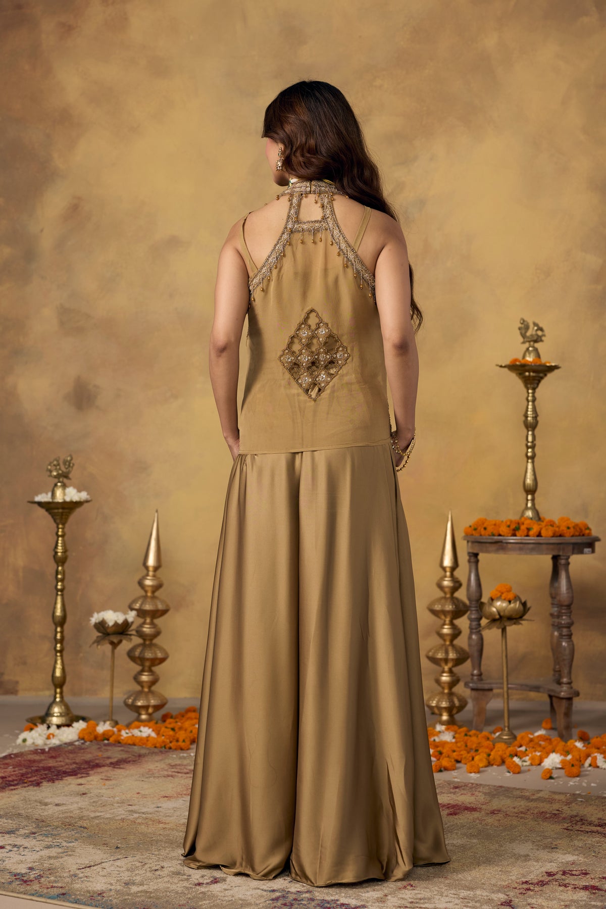 Gold Champagne Embellished Satin Silk Palazzo Set