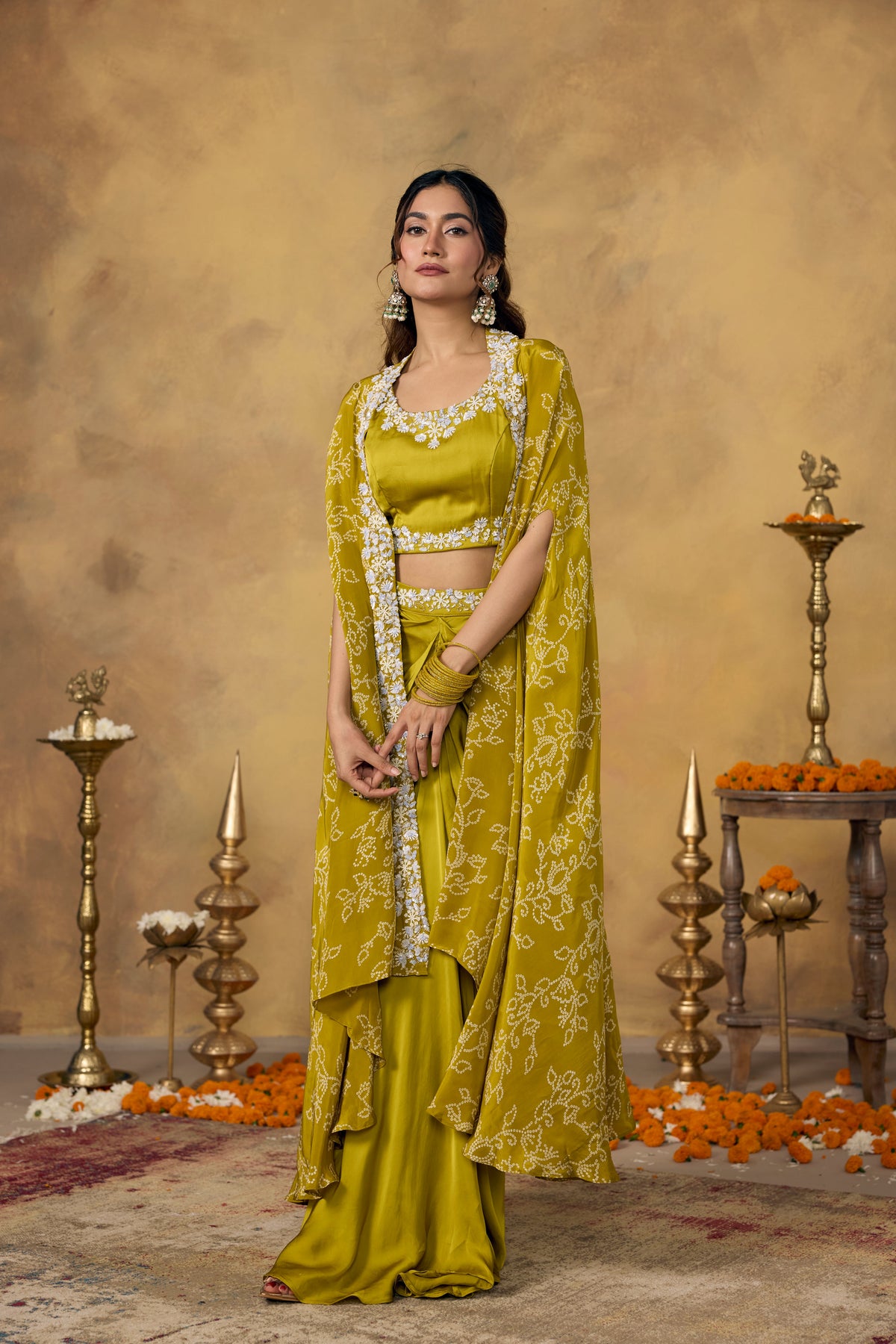 Pear Green Embellished Crepe Silk Skirt Set