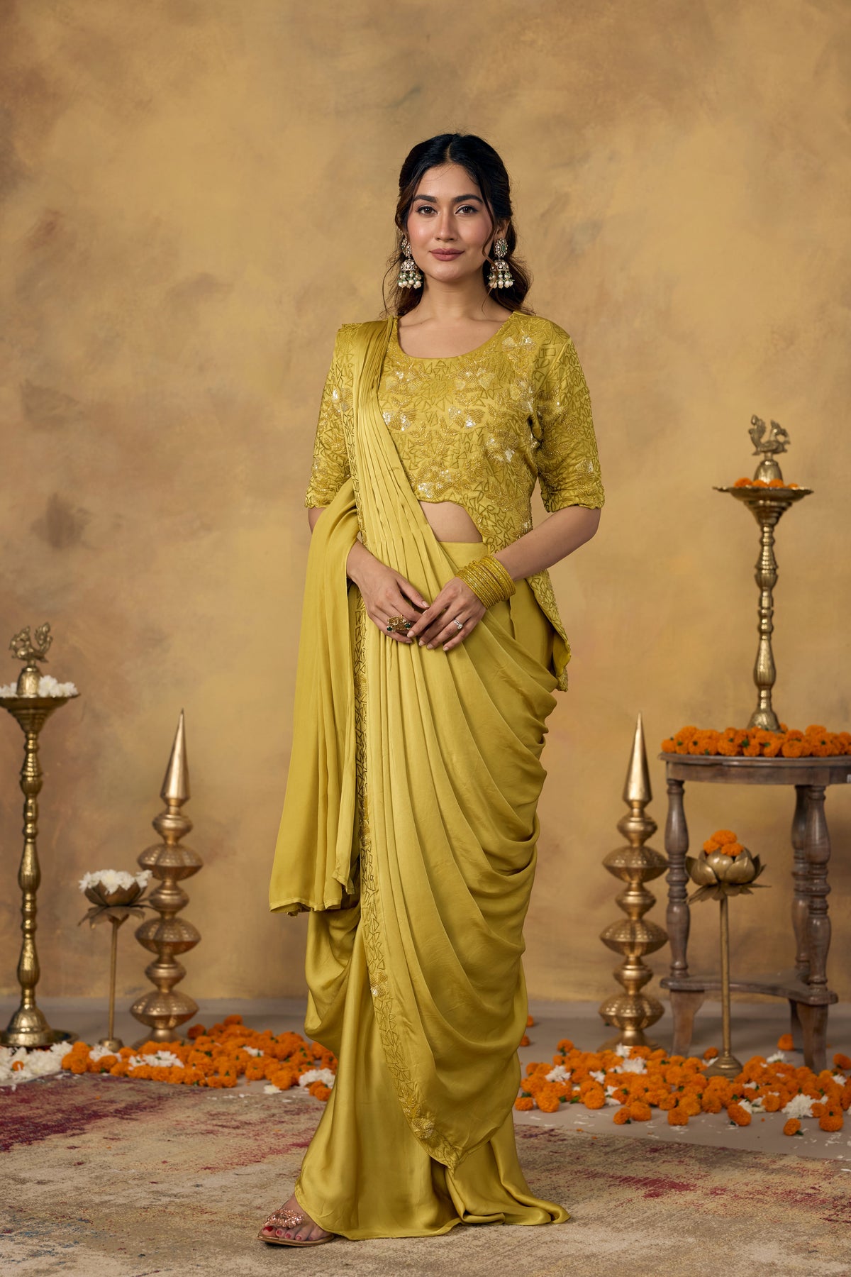 Muted Yellow Embellished Crepe Satin Silk Pre-Draped Saree