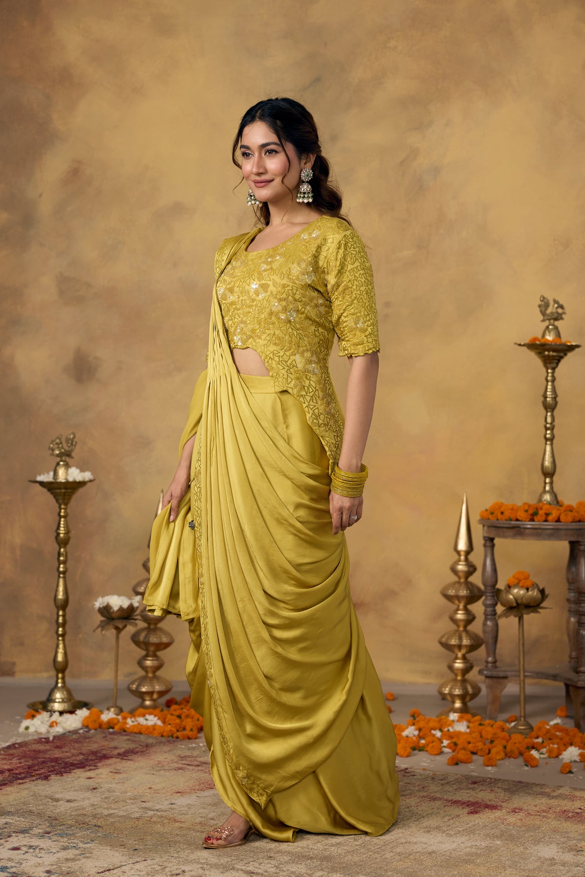 Muted Yellow Embellished Crepe Satin Silk Pre-Draped Saree