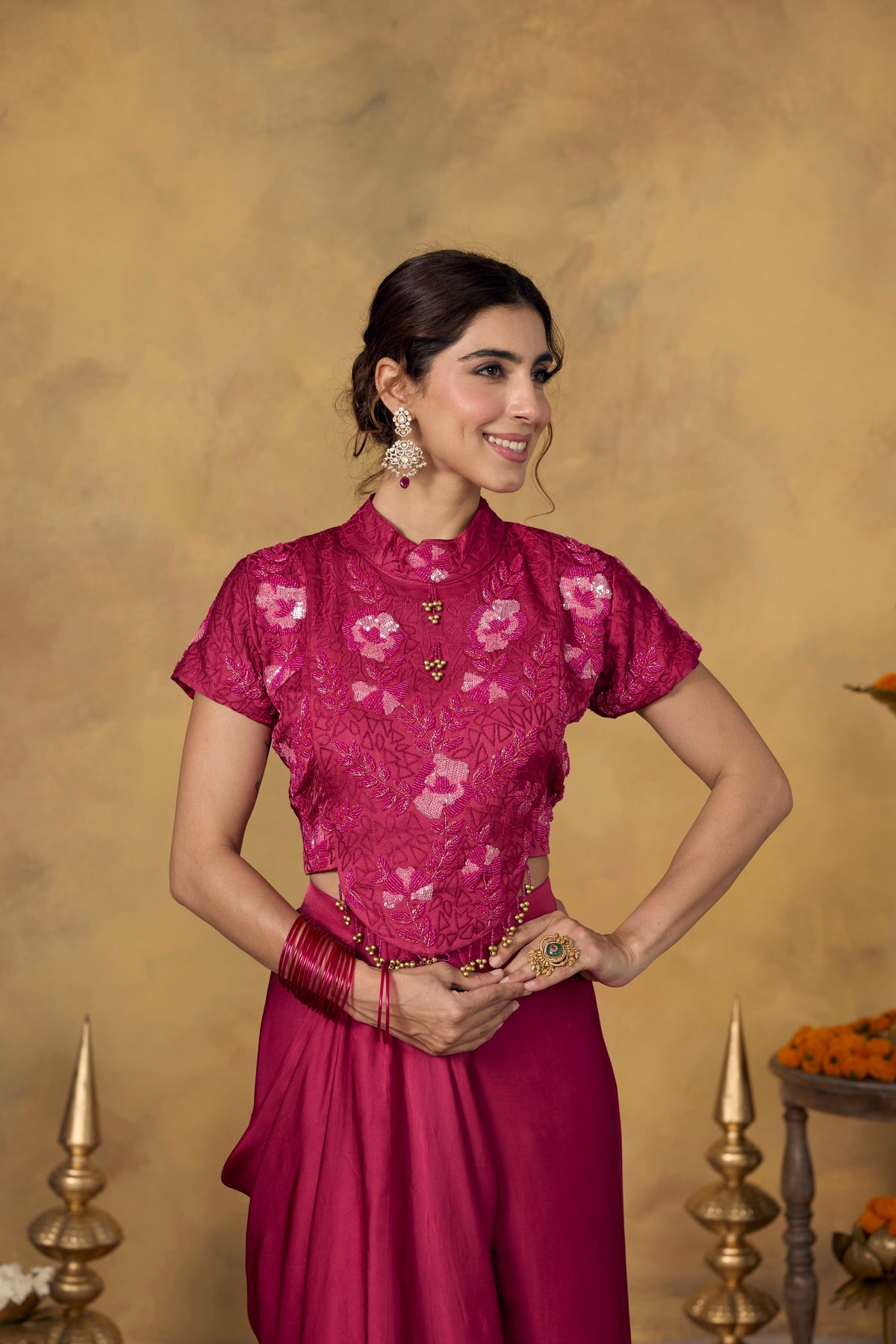 Fuchsia Pink Embellished Satin Silk Draped Skirt Set