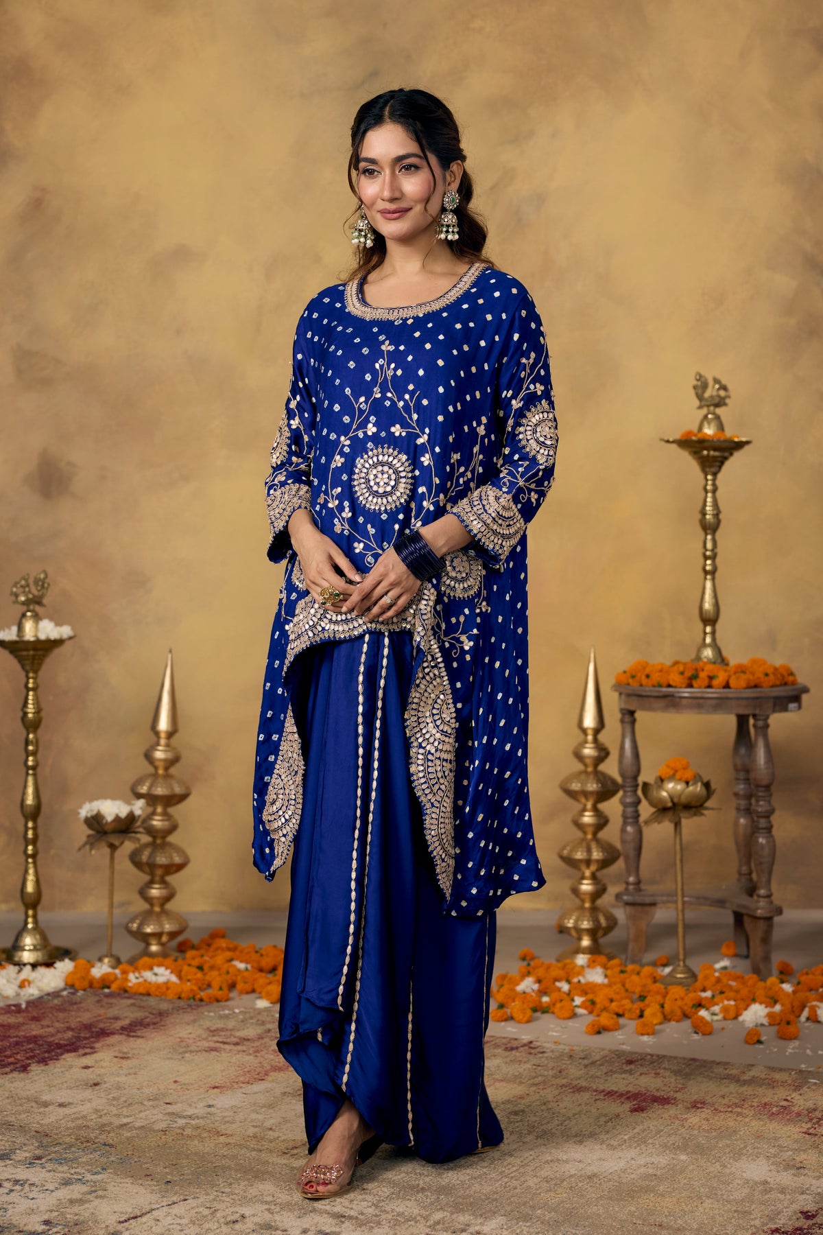 Deep Cobalt Blue Embellished Satin Silk Skirt Set