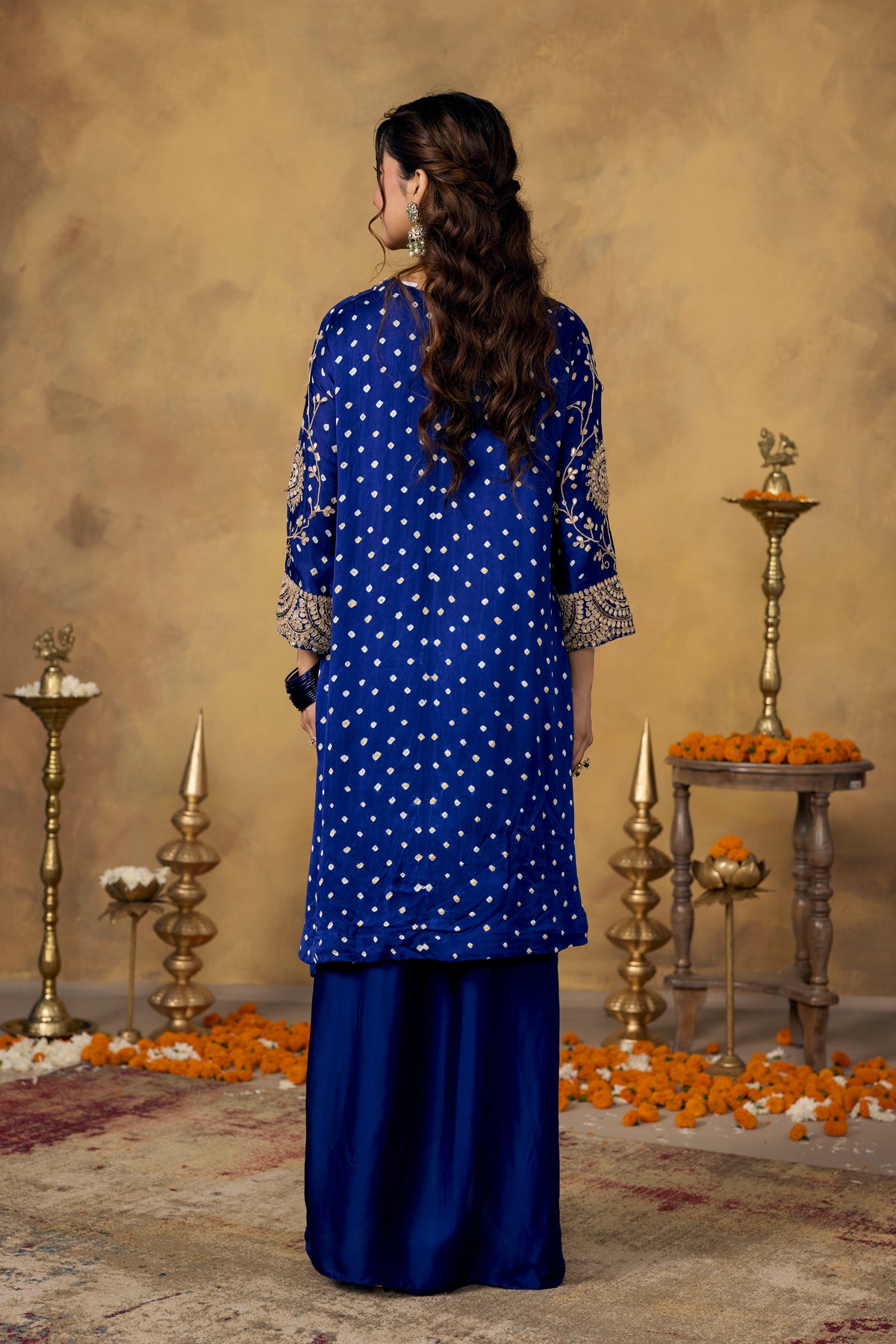 Deep Cobalt Blue Embellished Satin Silk Skirt Set