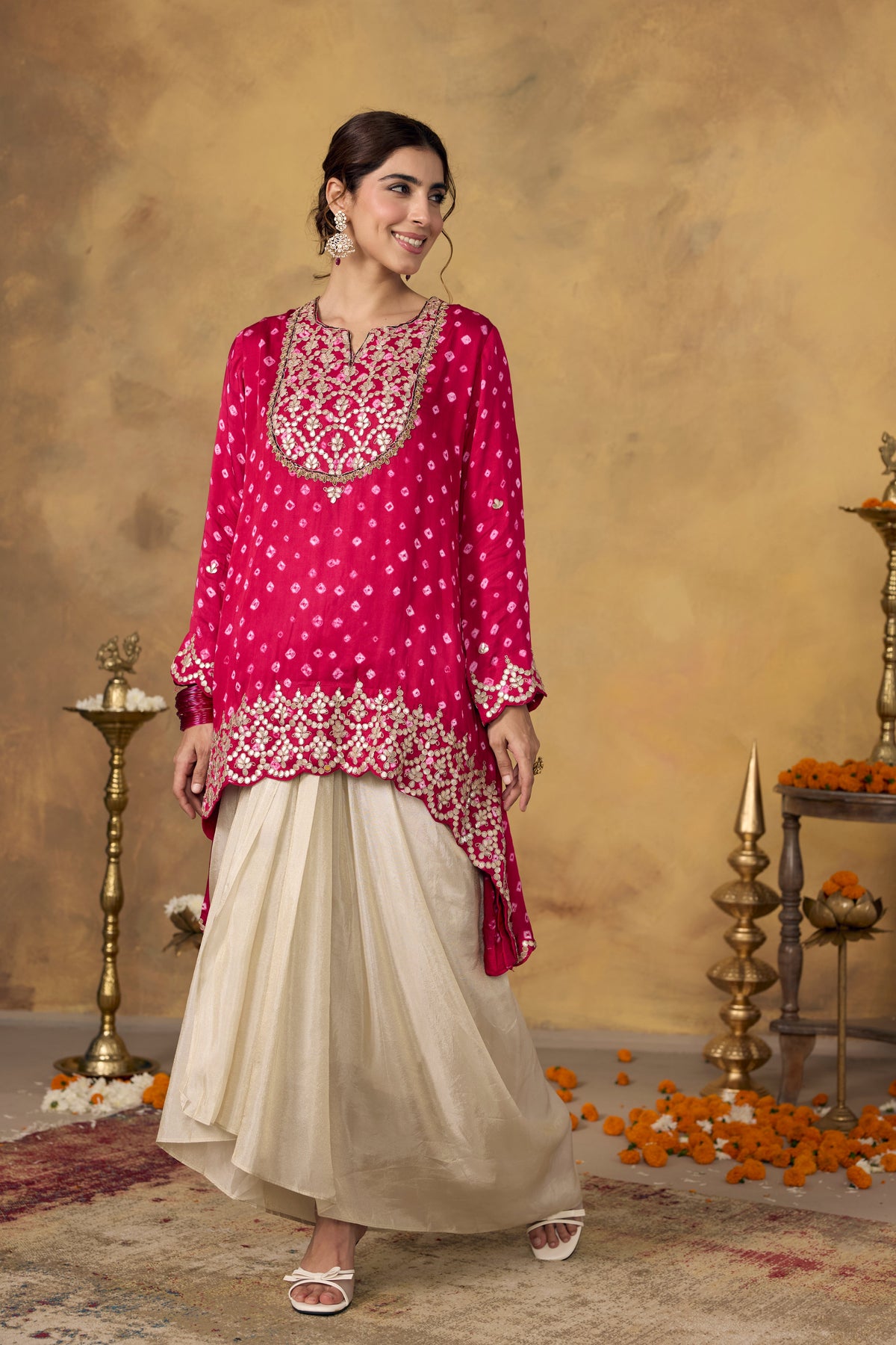 Deep Raspberry Embellished Satin Silk Skirt Set