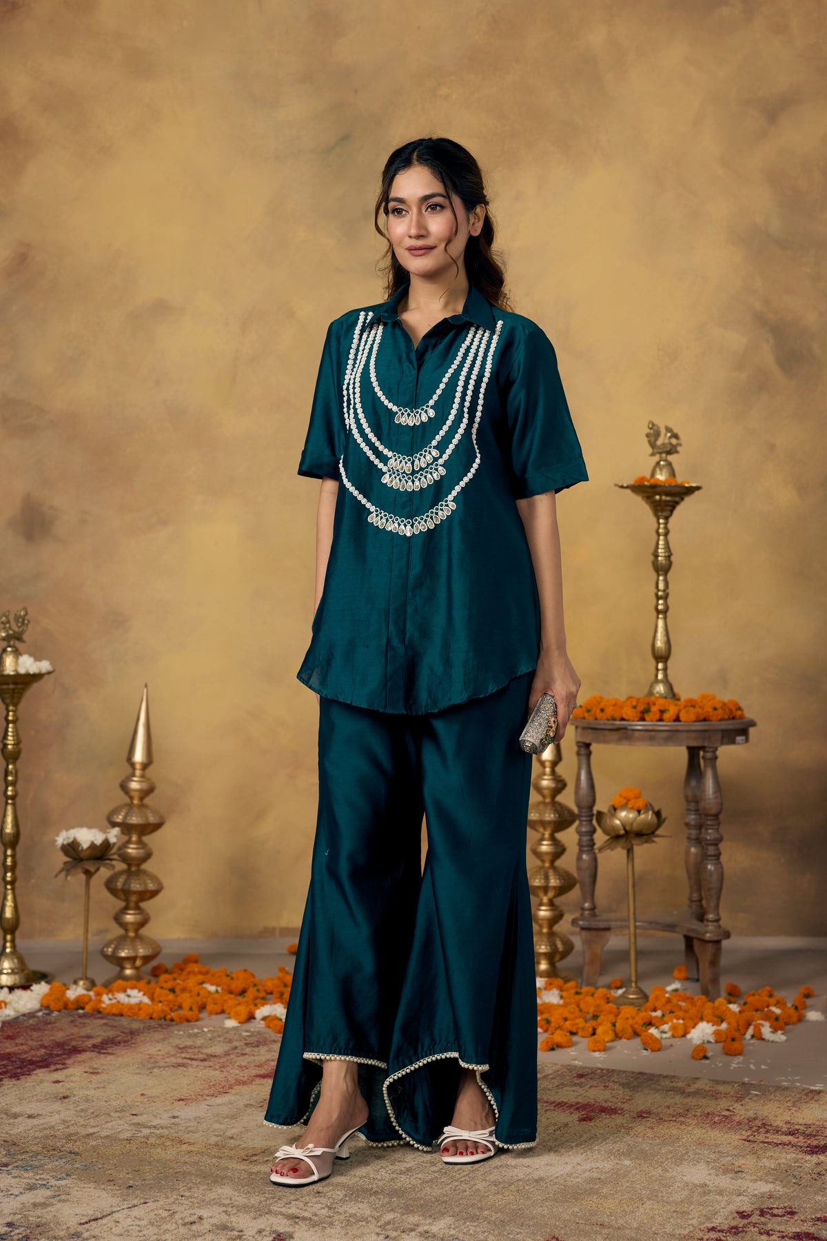 Deep Teal Embellished Mul Silk Co-Ord Set