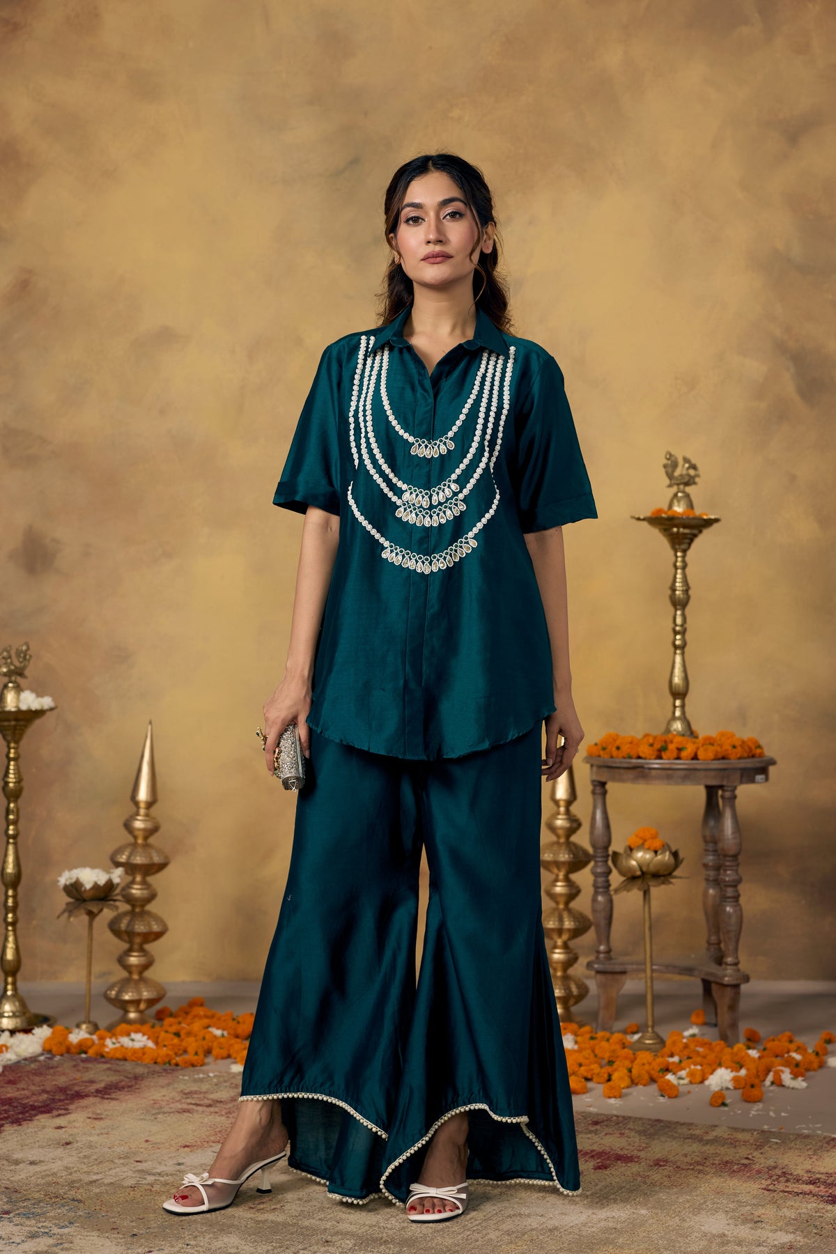 Deep Teal Embellished Mul Silk Co-Ord Set