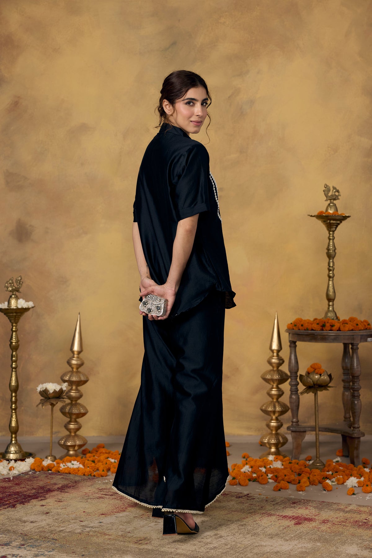 Midnight Black Embellished Mul Silk Co-Ord Set