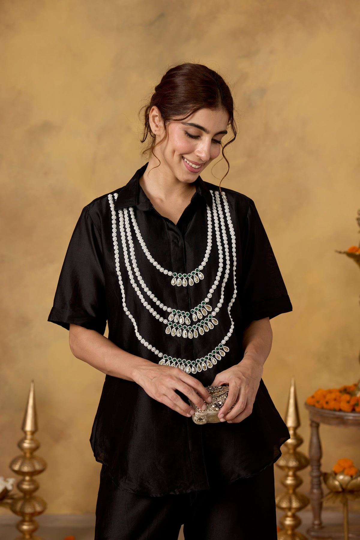 Midnight Black Embellished Mul Silk Co-Ord Set