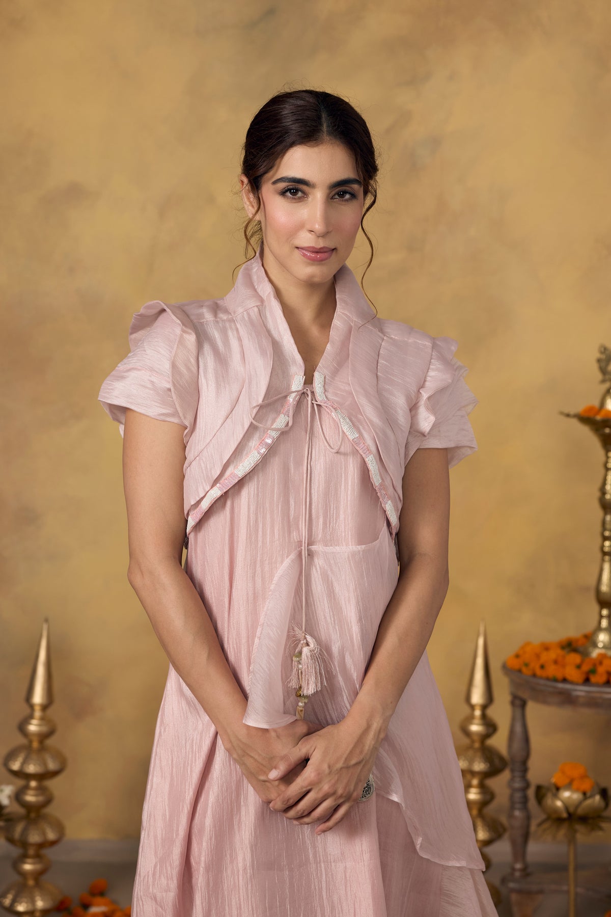 Dusty Pink Embellished Shimmer Tissue Silk Dress