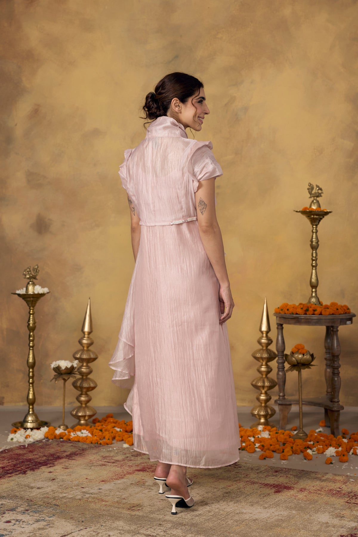 Dusty Pink Embellished Shimmer Tissue Silk Dress