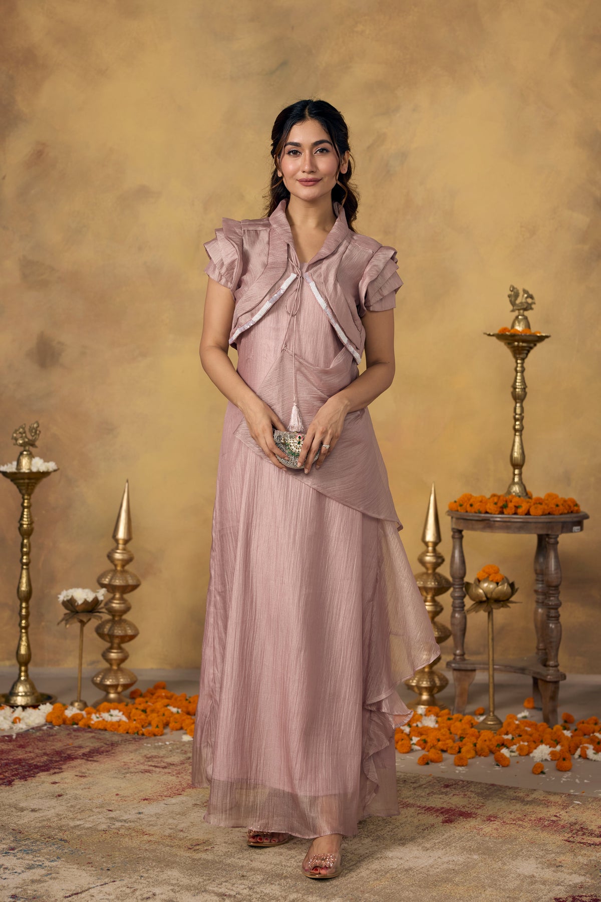 Rose Pink Embellished Shimmer Tissue Silk Dress