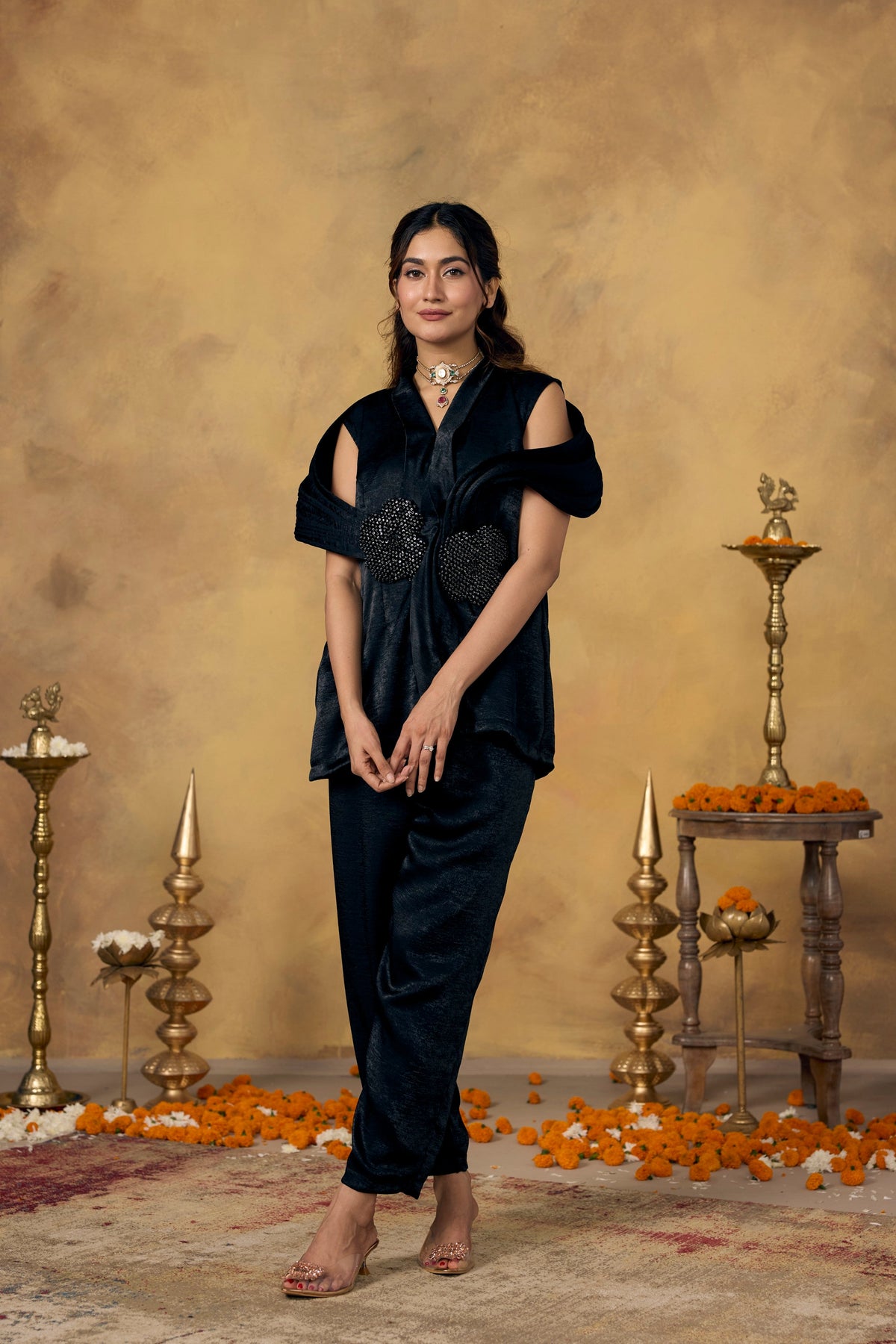 Coal Black Embellished Premium Silk Co-Ord Set