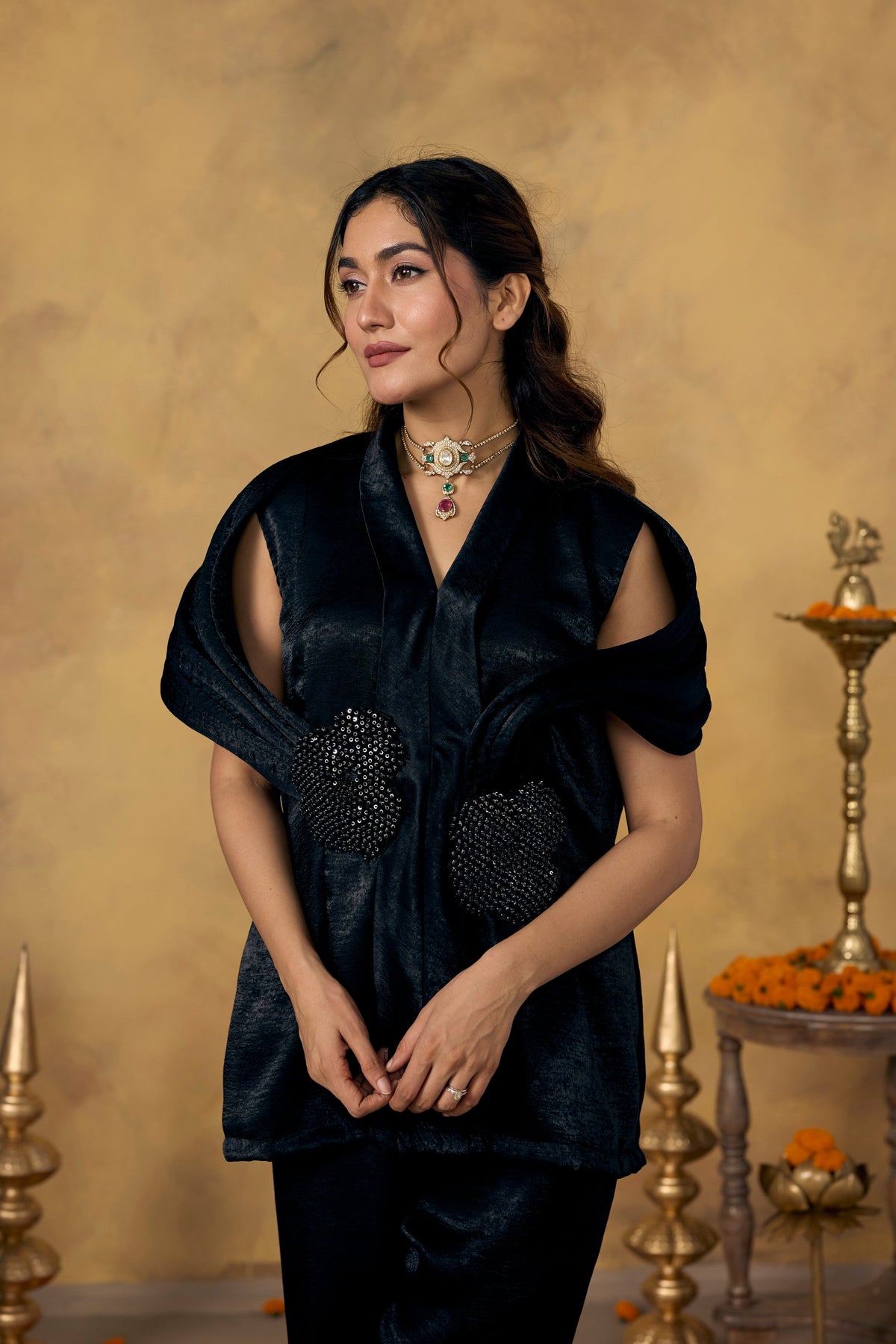 Coal Black Embellished Premium Silk Co-Ord Set