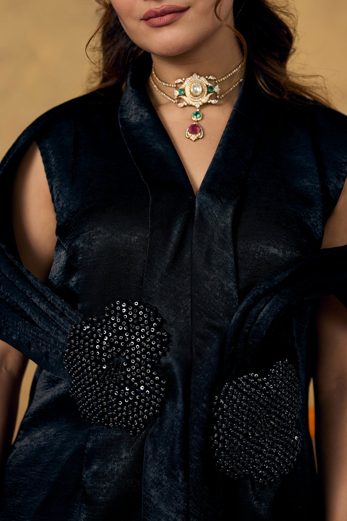 Coal Black Embellished Premium Silk Co-Ord Set