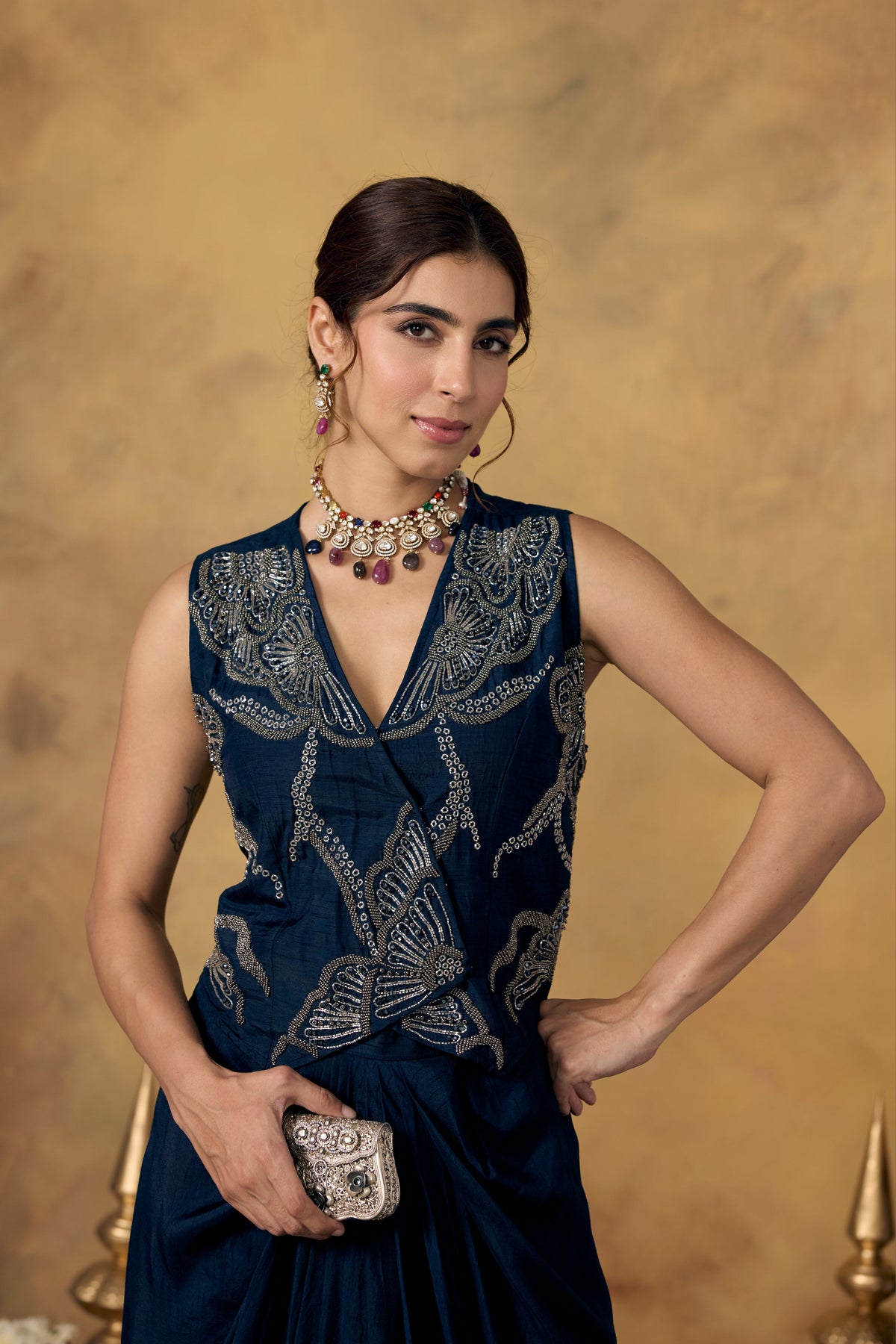 Midnight Blue Embellished Raw Silk Skirt Set