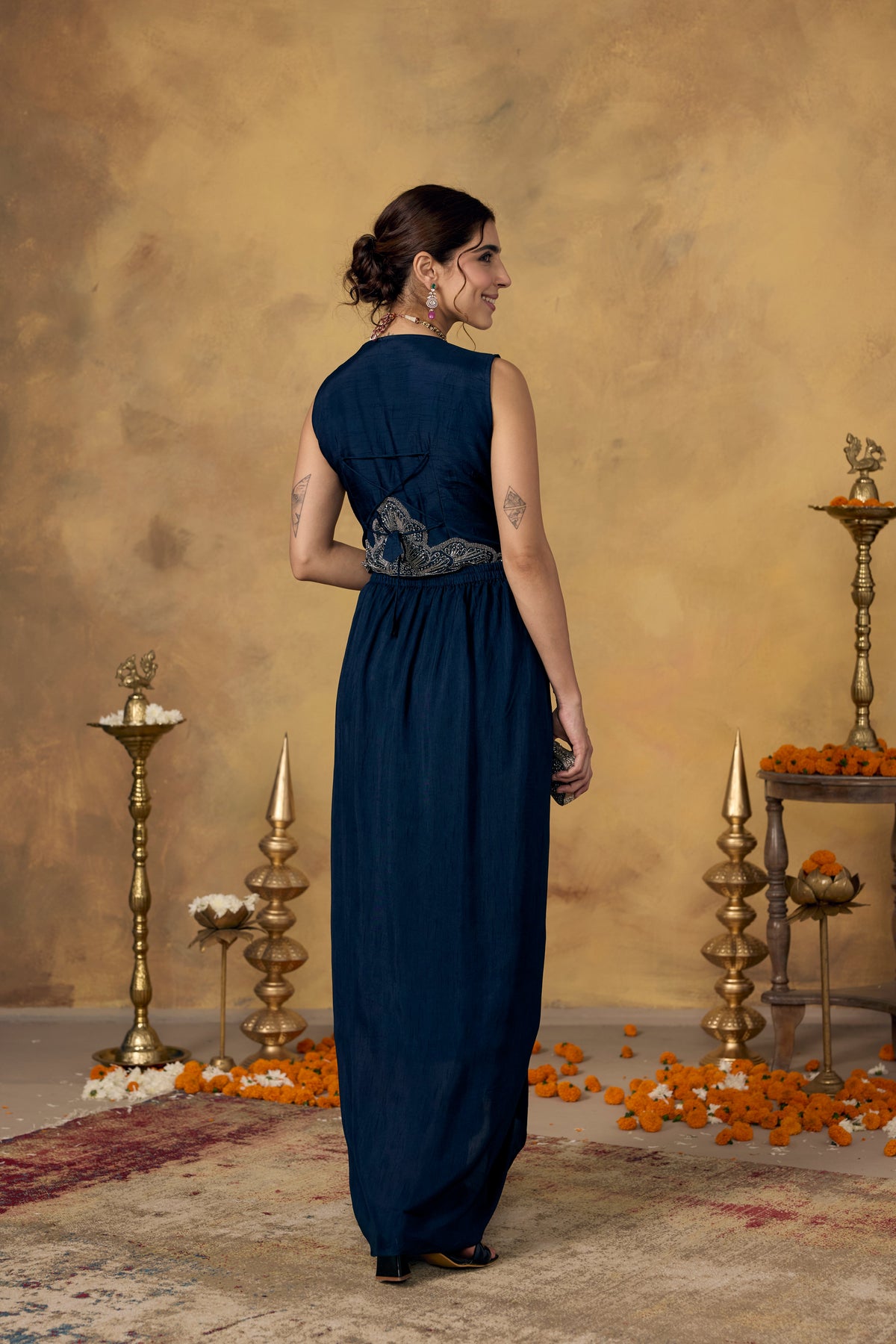 Midnight Blue Embellished Raw Silk Skirt Set