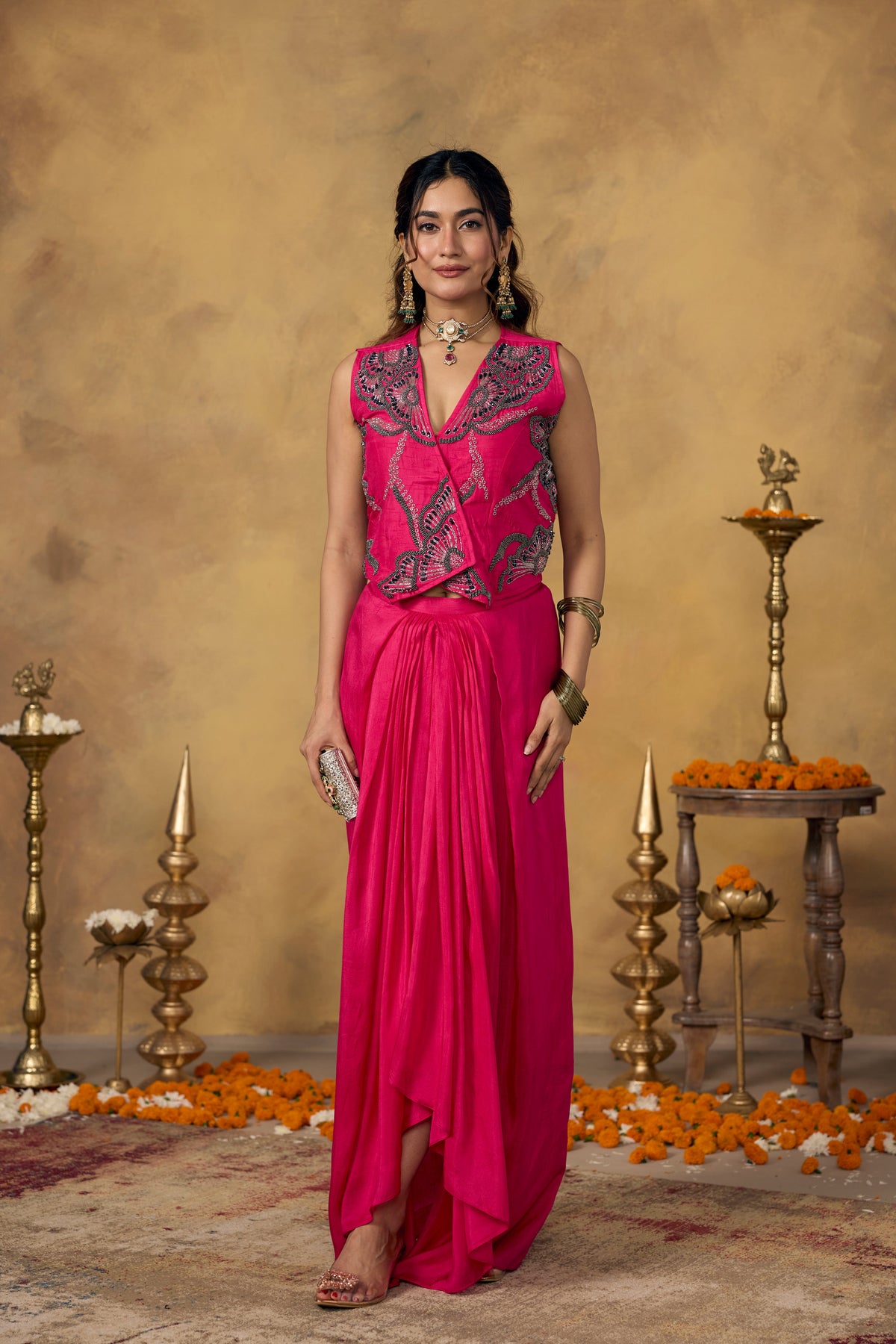 Hot Pink Embellished Raw Silk Skirt Set
