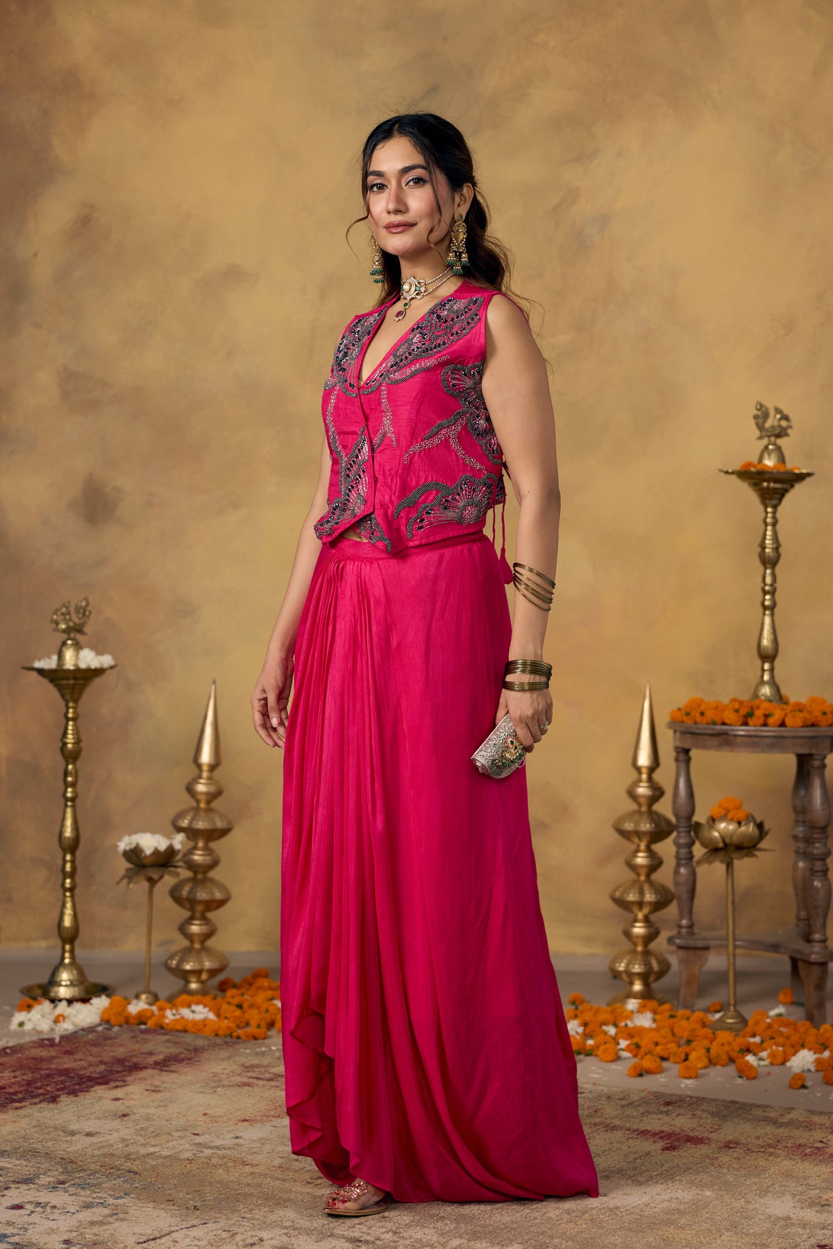 Hot Pink Embellished Raw Silk Skirt Set