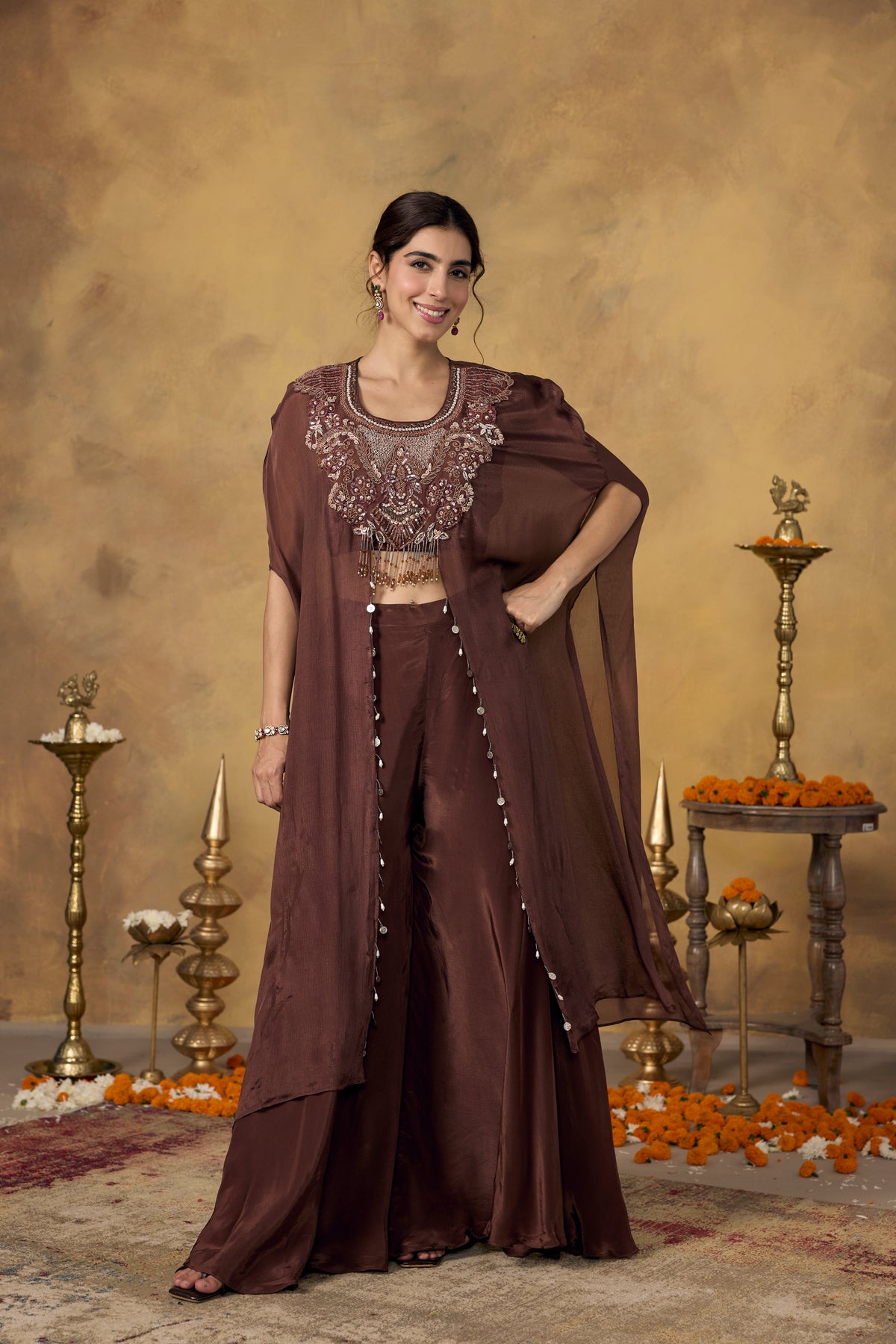 Chocolate Brown Embellished Chinon Silk Kaftan Set