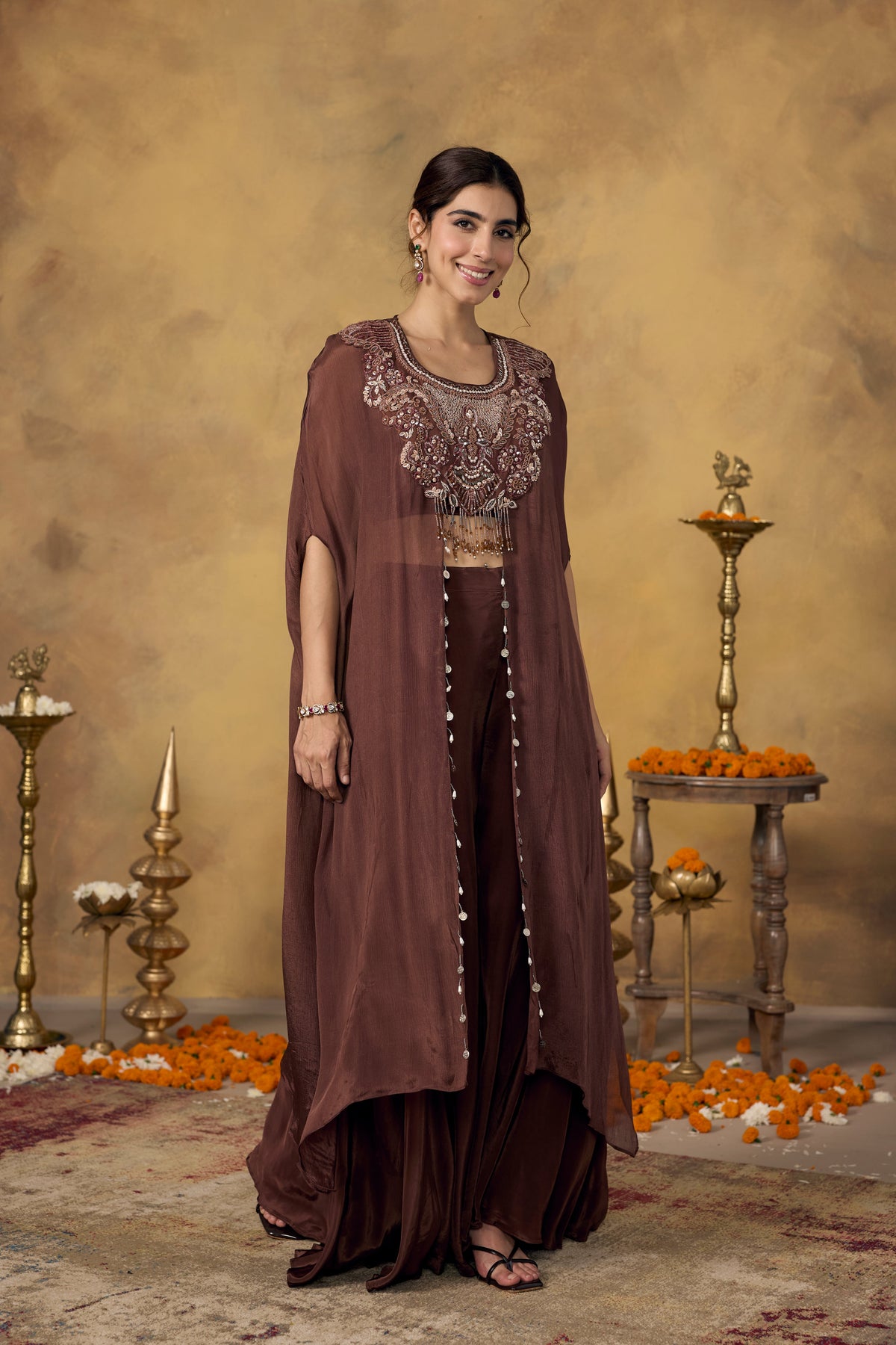 Chocolate Brown Embellished Chinon Silk Kaftan Set