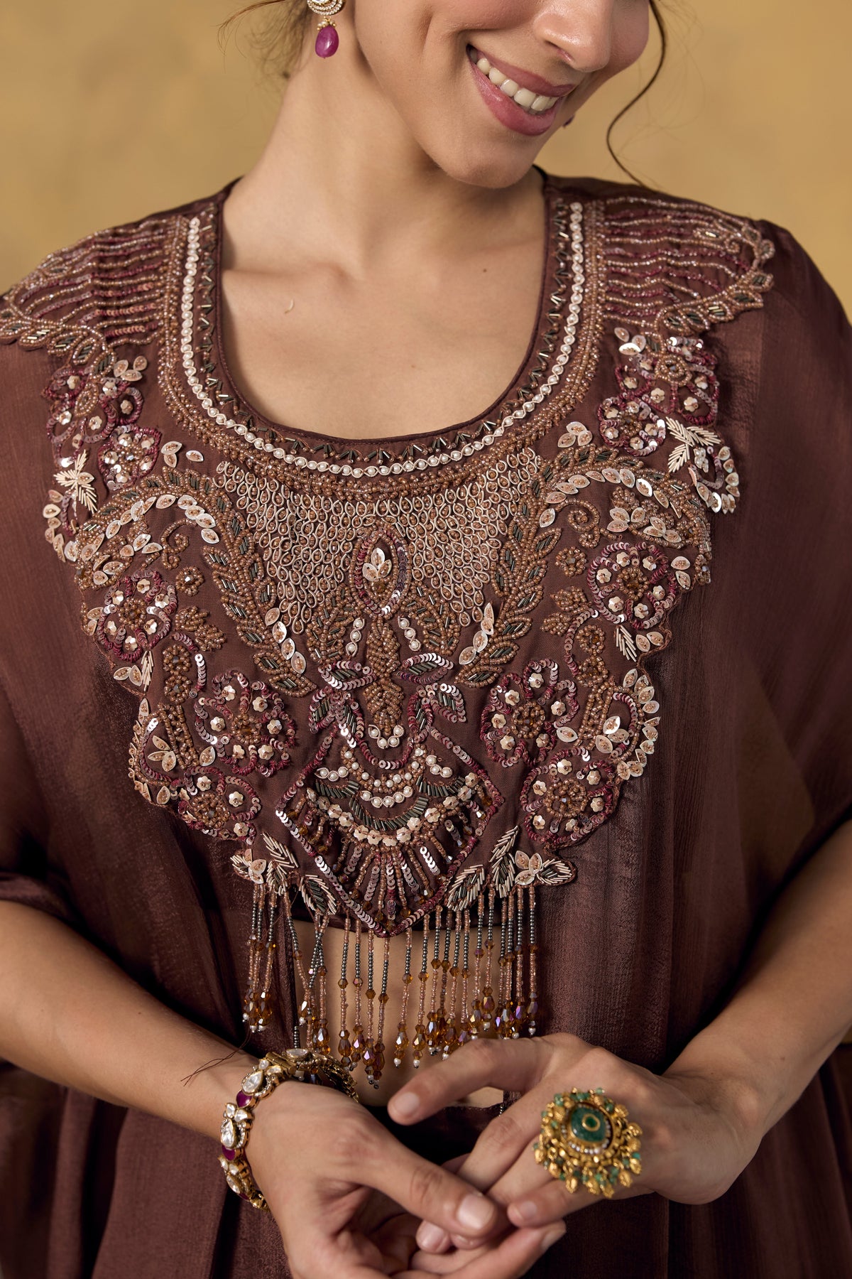 Chocolate Brown Embellished Chinon Silk Kaftan Set