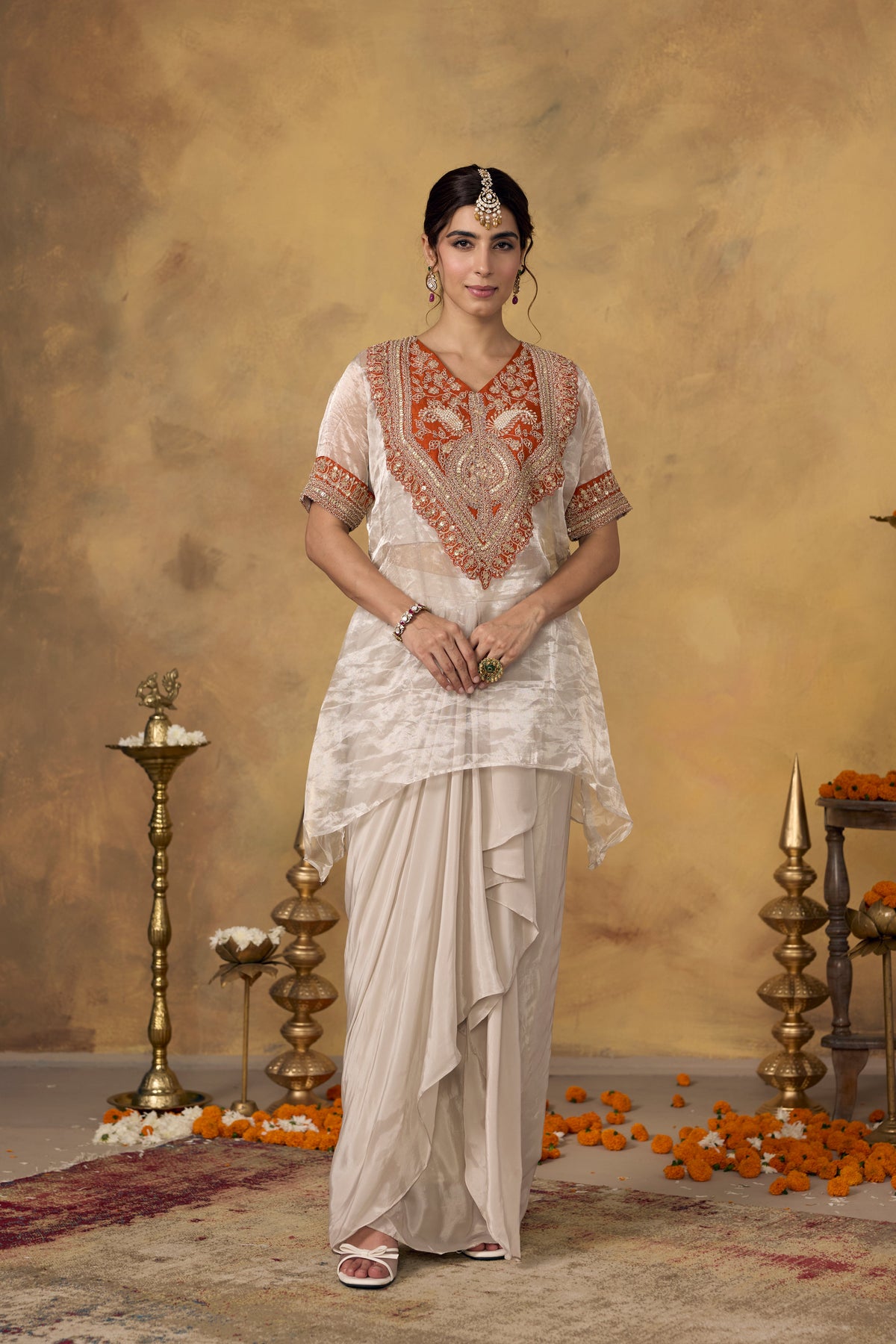 Champagne Orange Embellished Crepe Silk Skirt Set