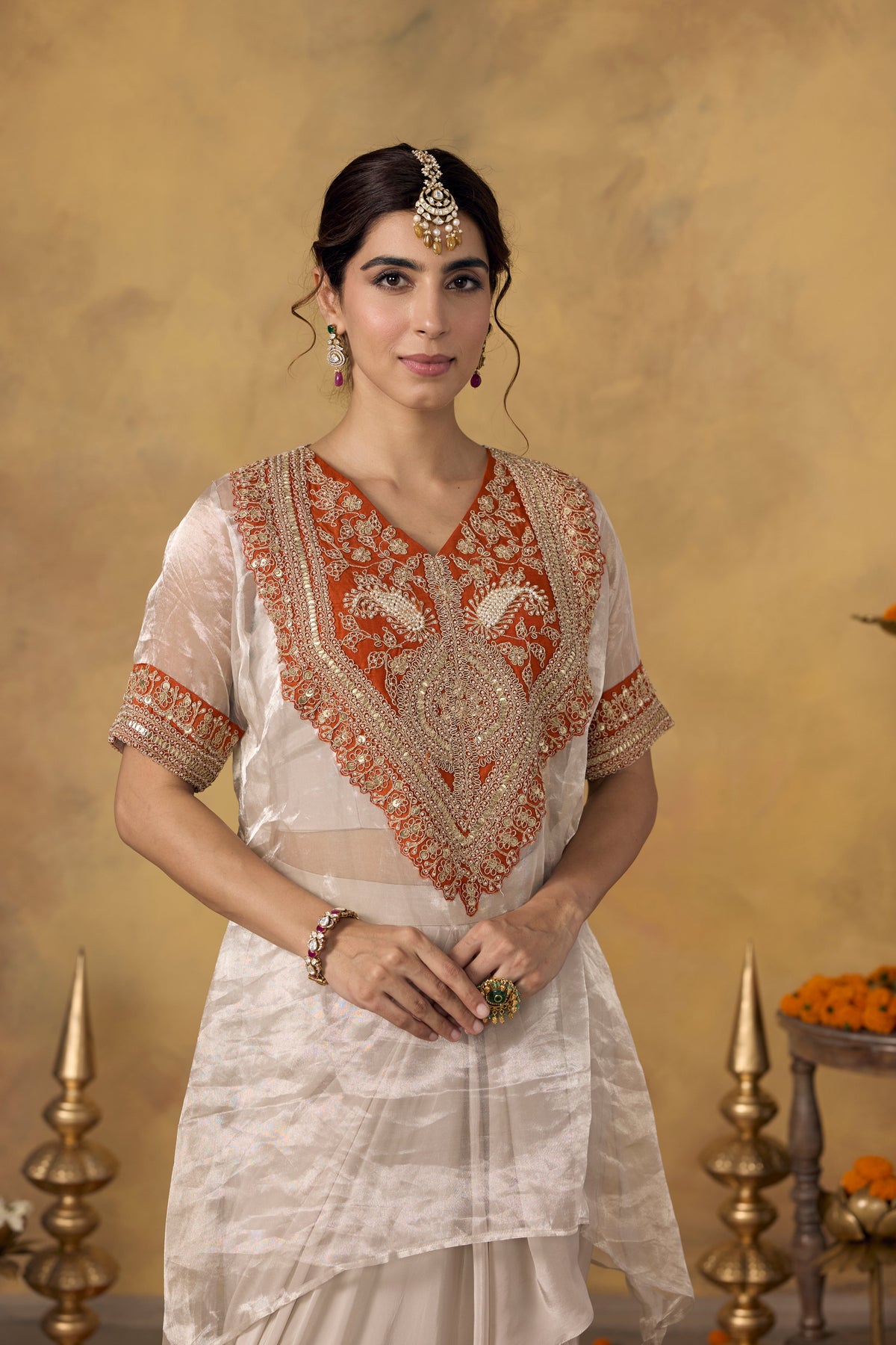 Champagne Orange Embellished Crepe Silk Skirt Set