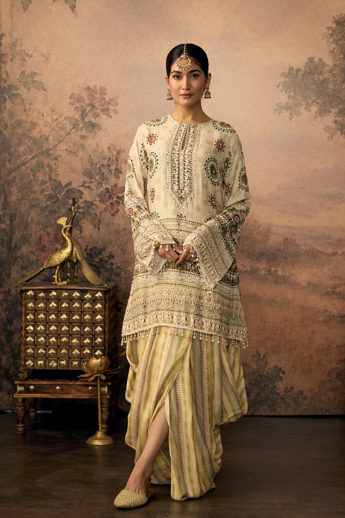 Off White Muse Embellished Crepe Silk Skirt Set