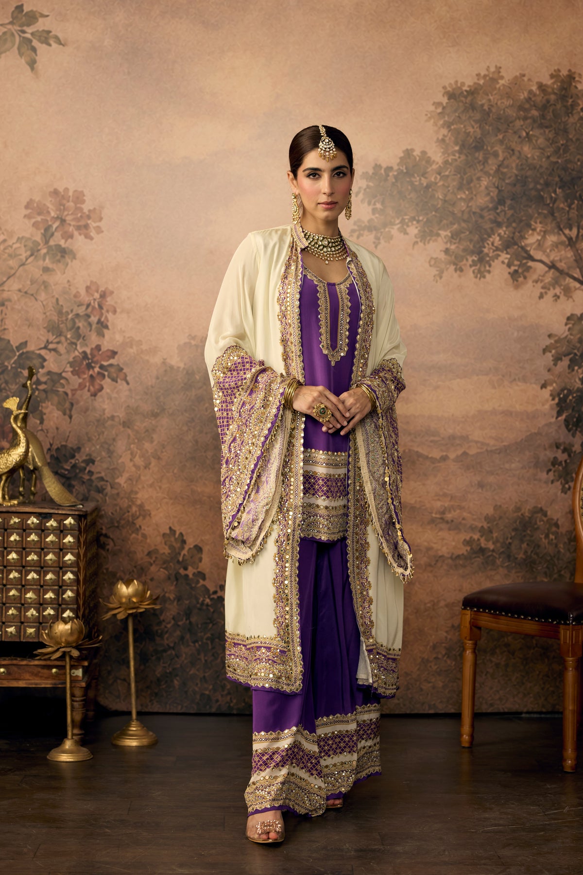 Ivory Violet Embellished Crepe Silk Palazzo Set