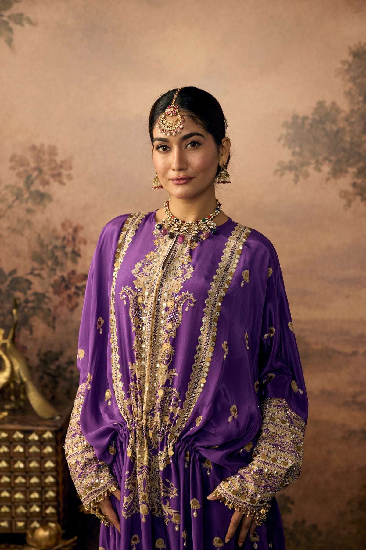 Royal Violet Embellished Crepe Silk Long Kaftan Dress