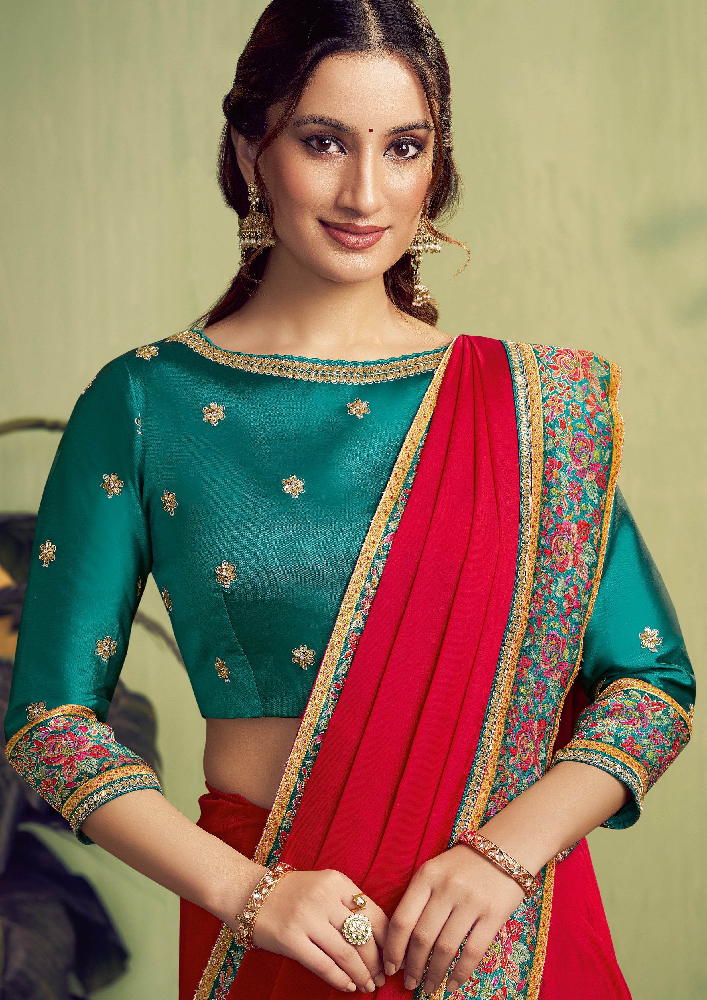 Ruby Red Embellished Satin Silk Saree