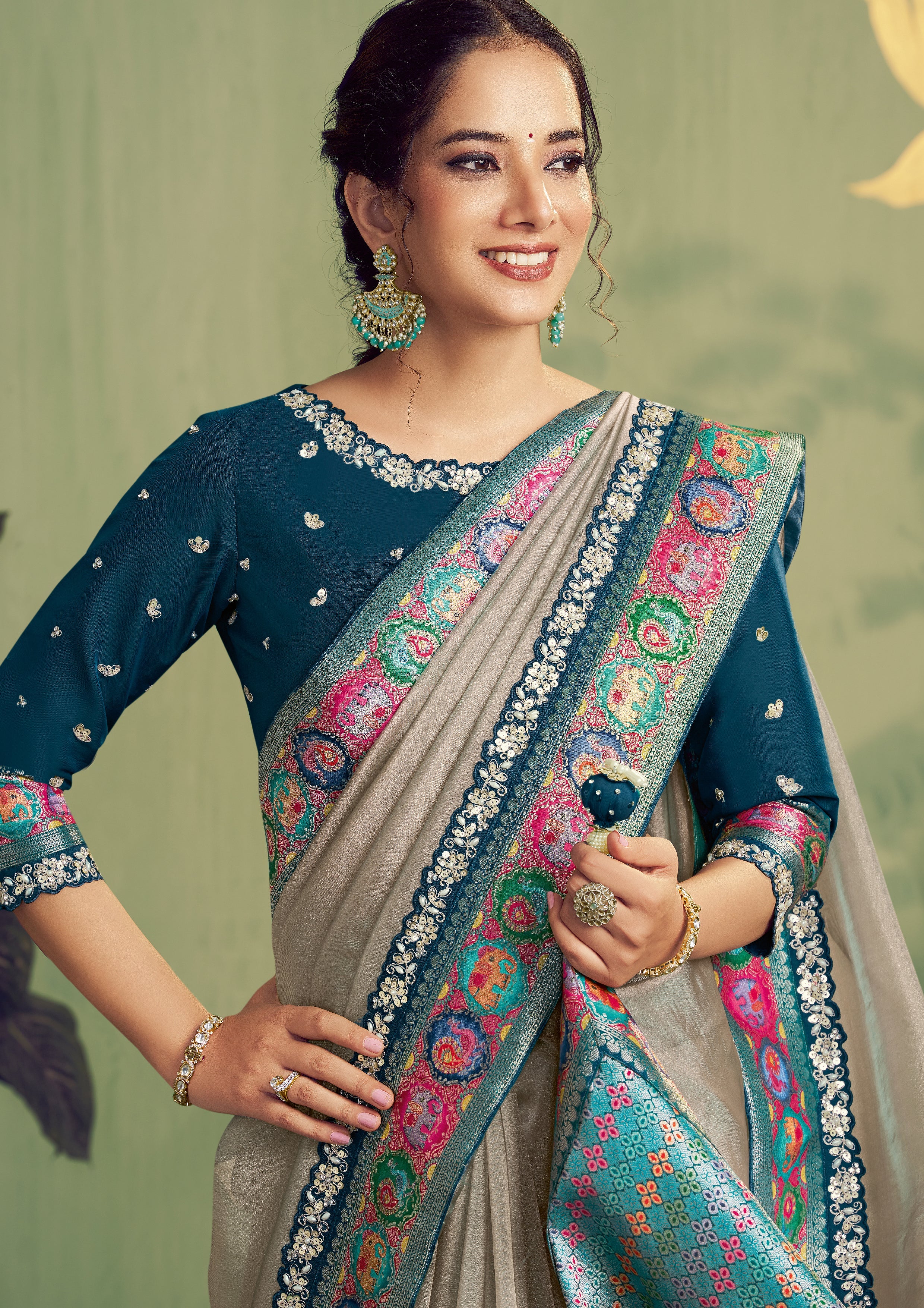 Pale Grey Embellished Tissue Silk Saree