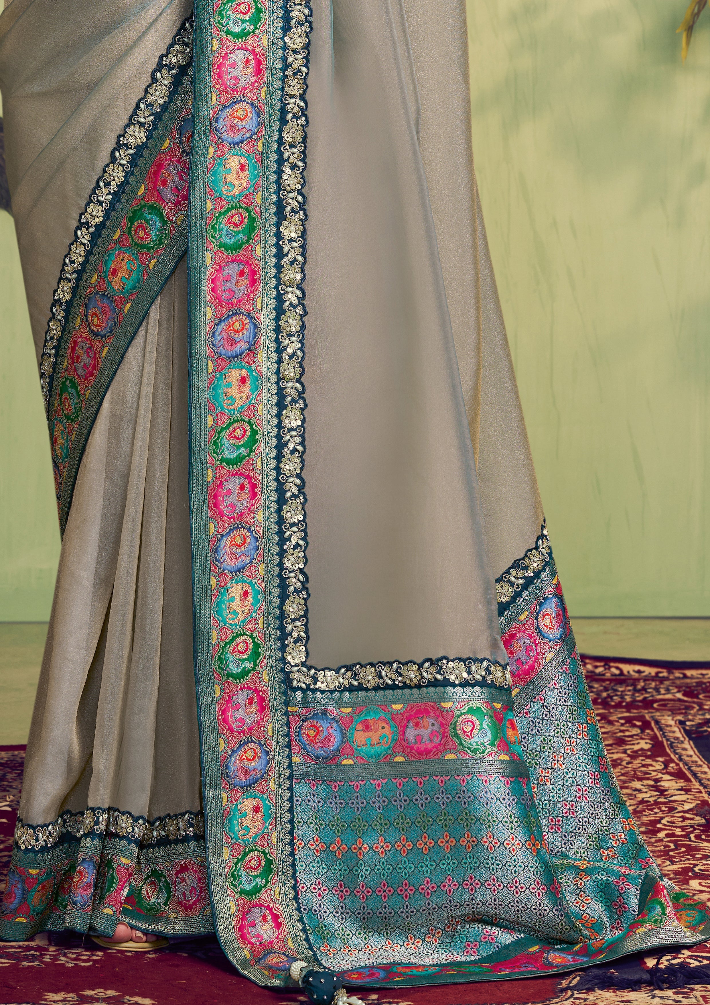 Pale Grey Embellished Tissue Silk Saree