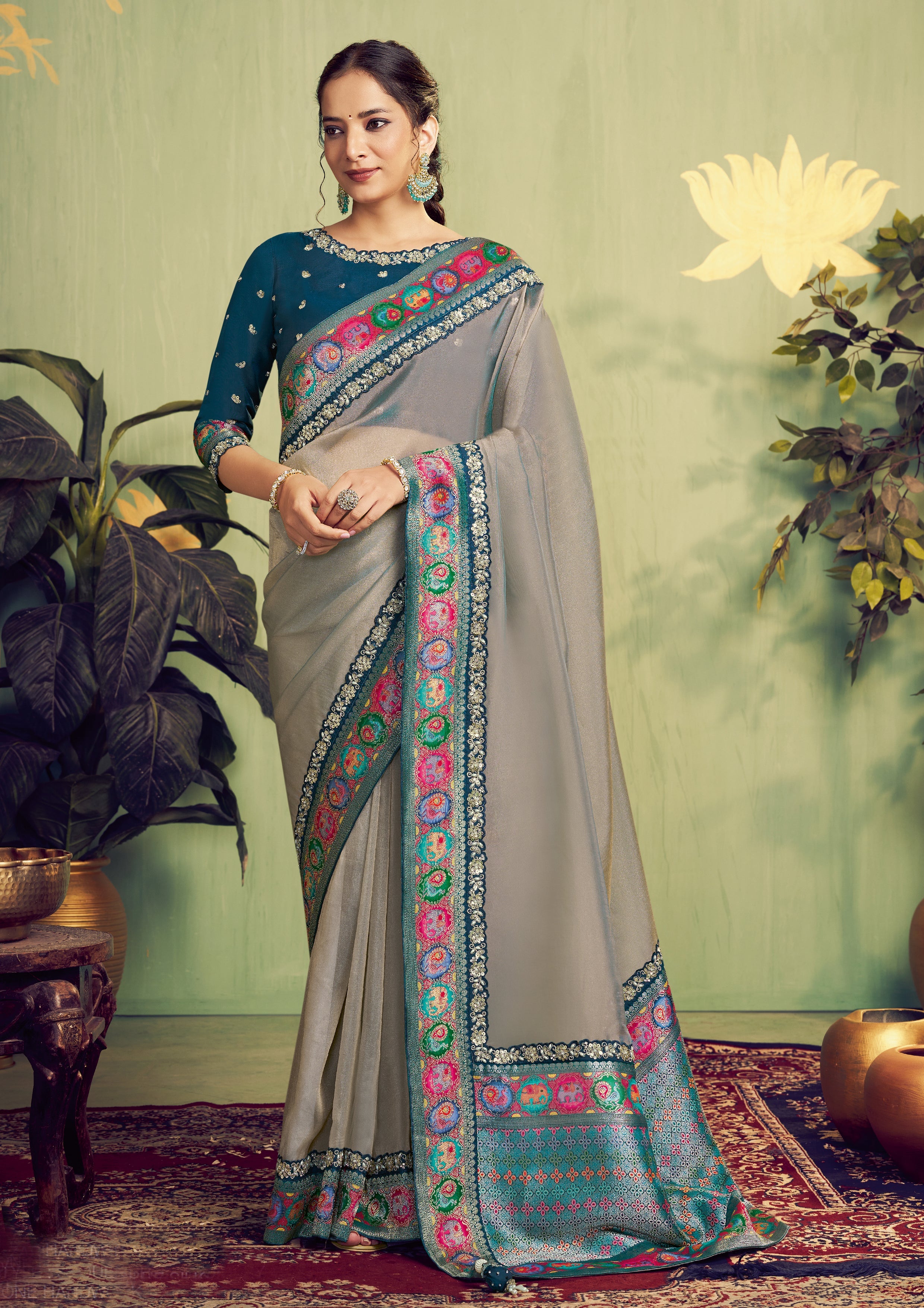 Pale Grey Embellished Tissue Silk Saree