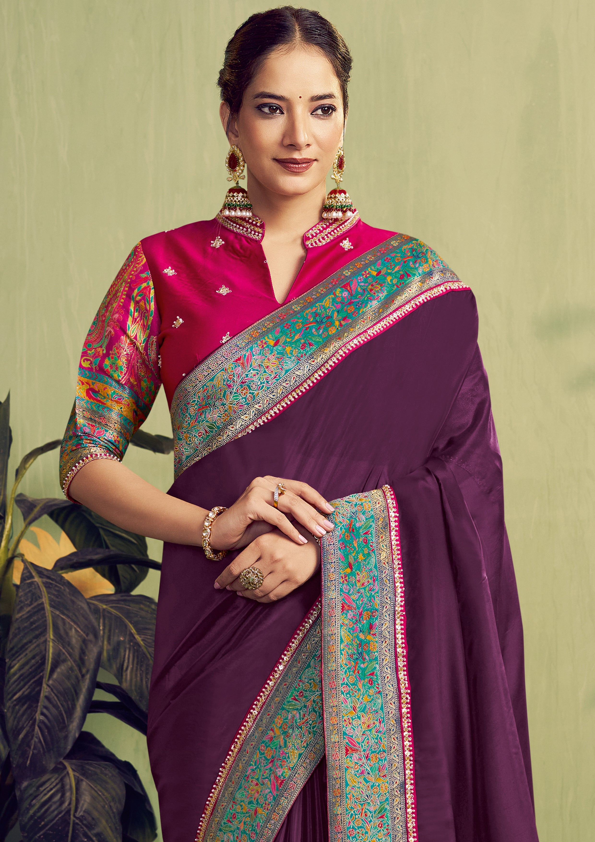 Wine Embellished Satin Silk Saree