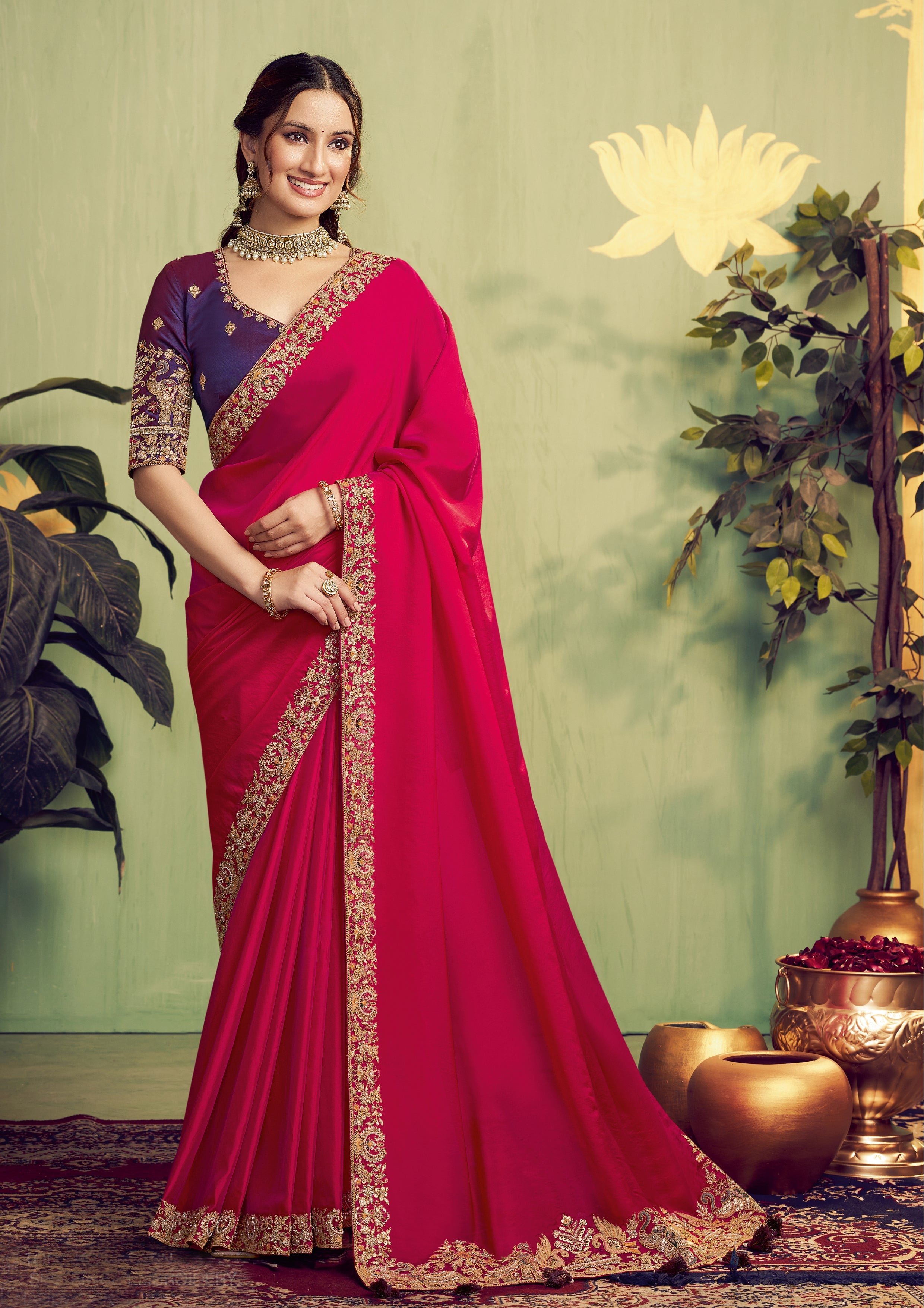 Fuchsia Embroidered Satin Silk Saree