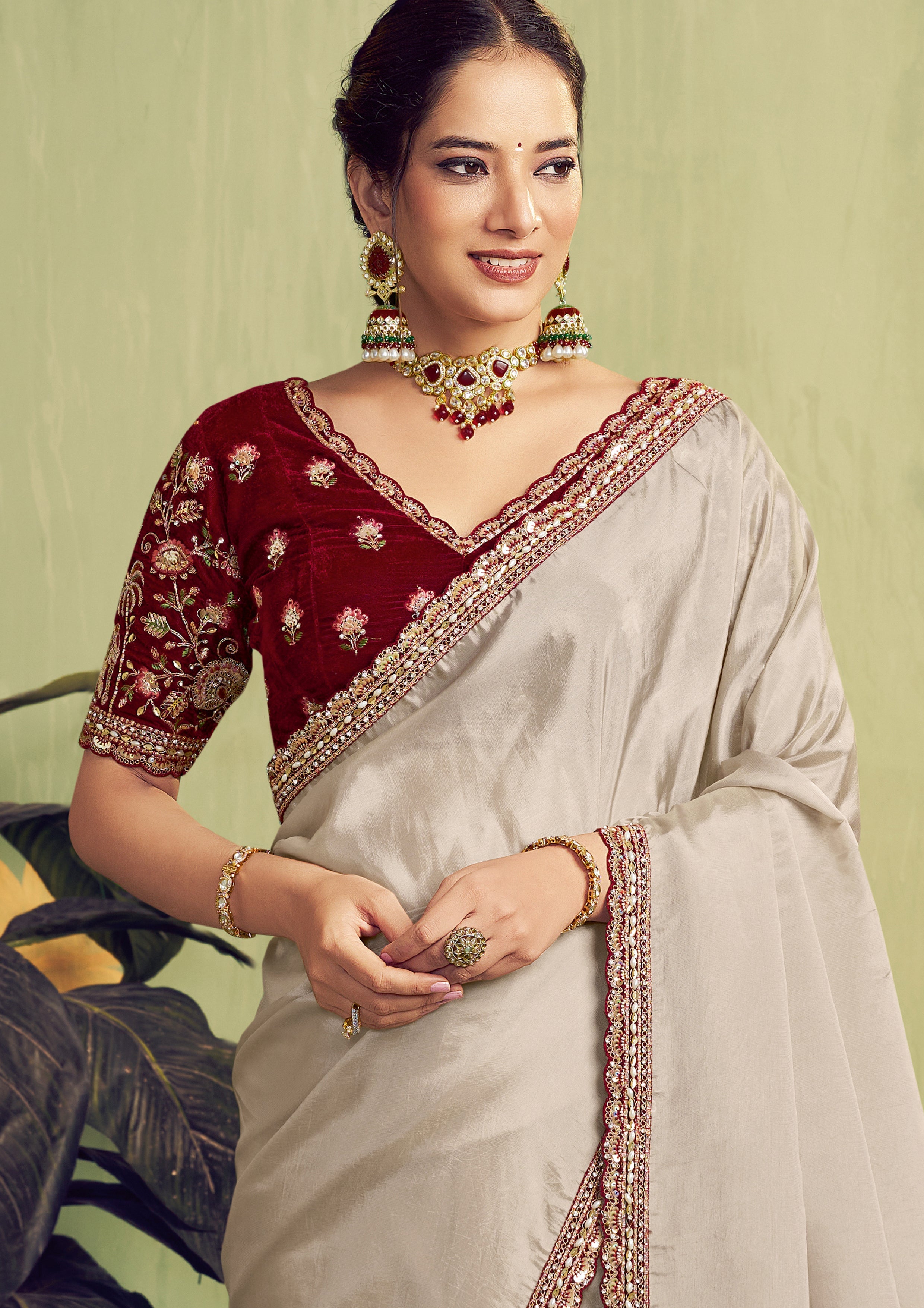 Beige Embroidered Uppada Silk Saree