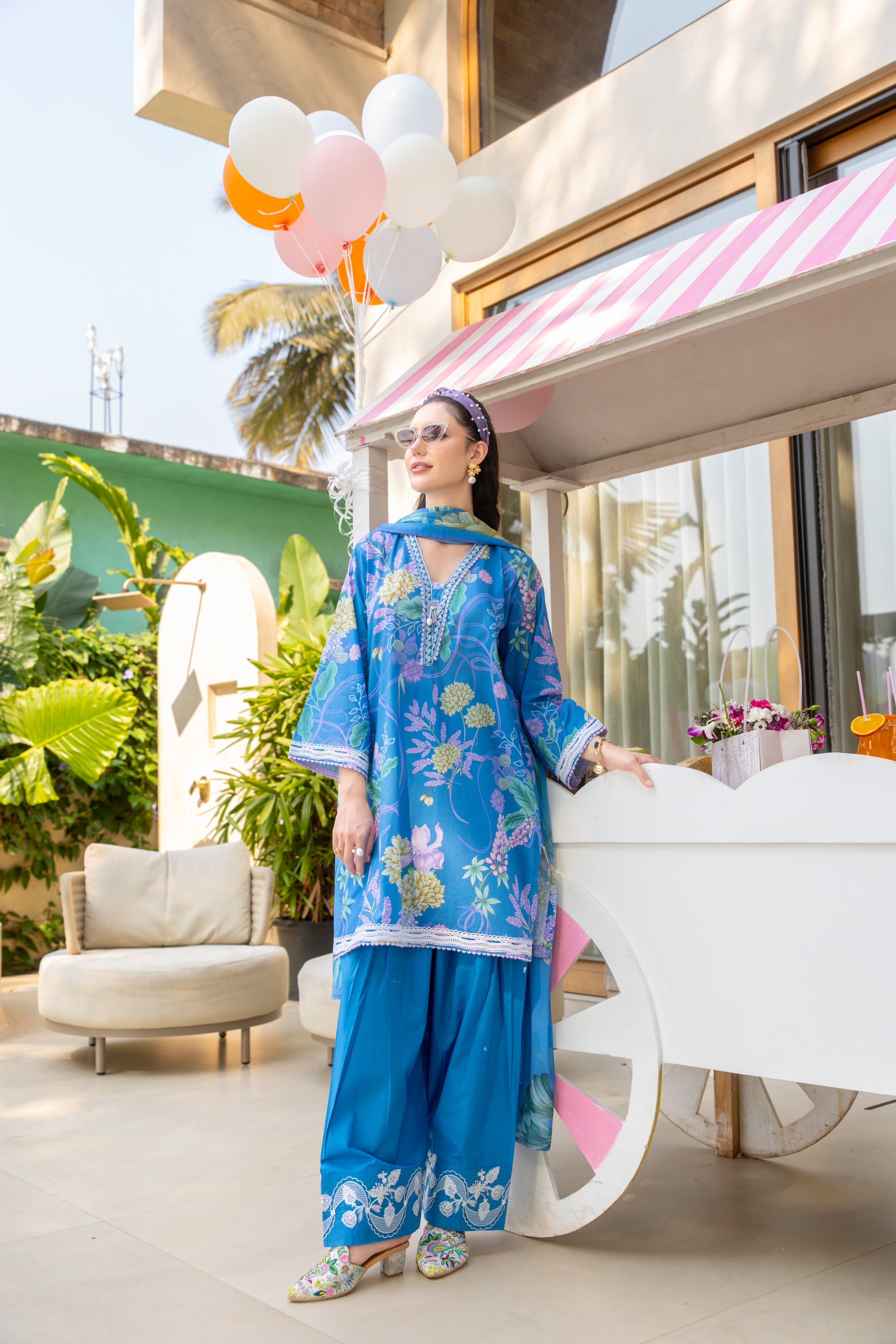 Cerulean Flora Printed Cotton Pant Set