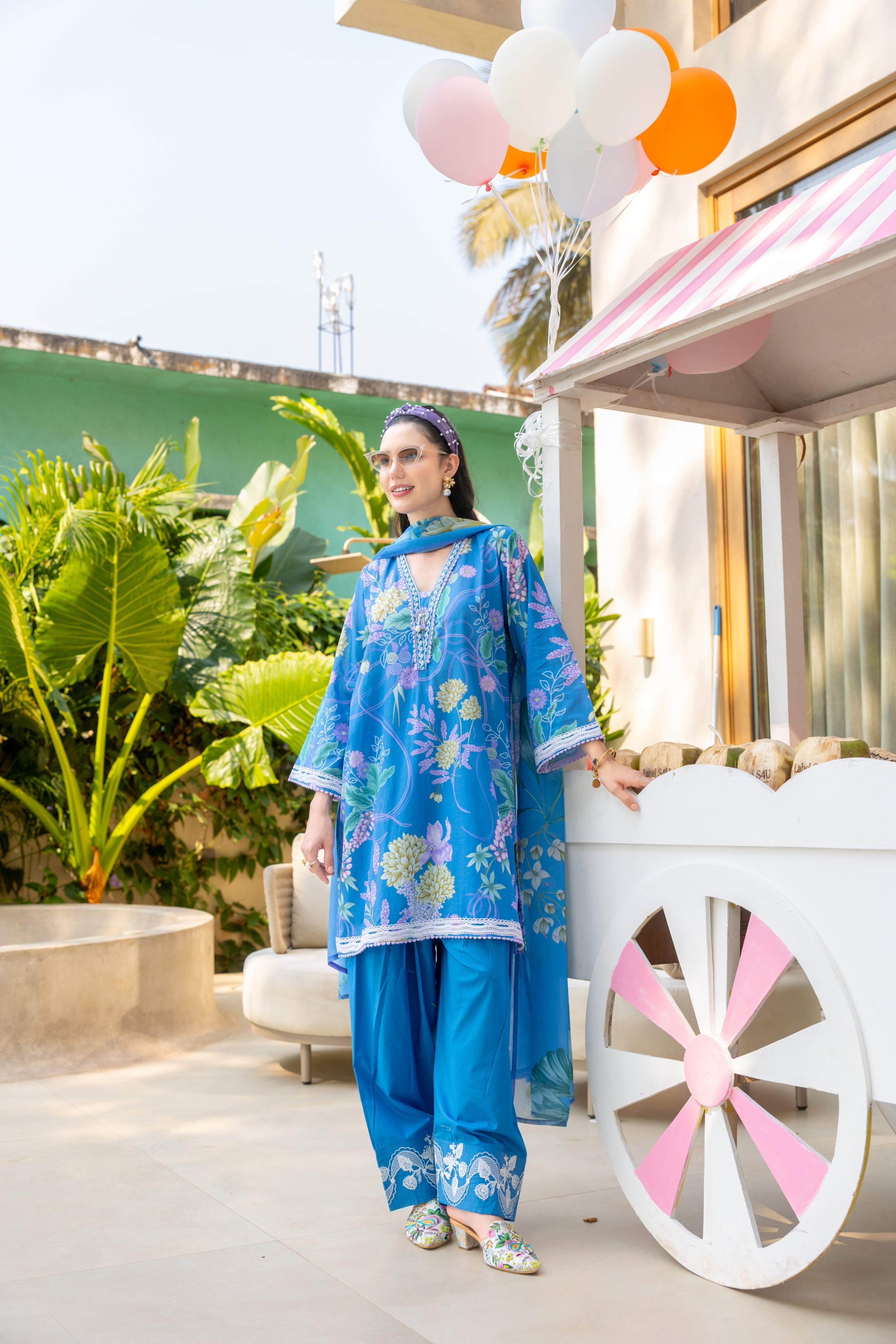 Cerulean Flora Printed Cotton Pant Set