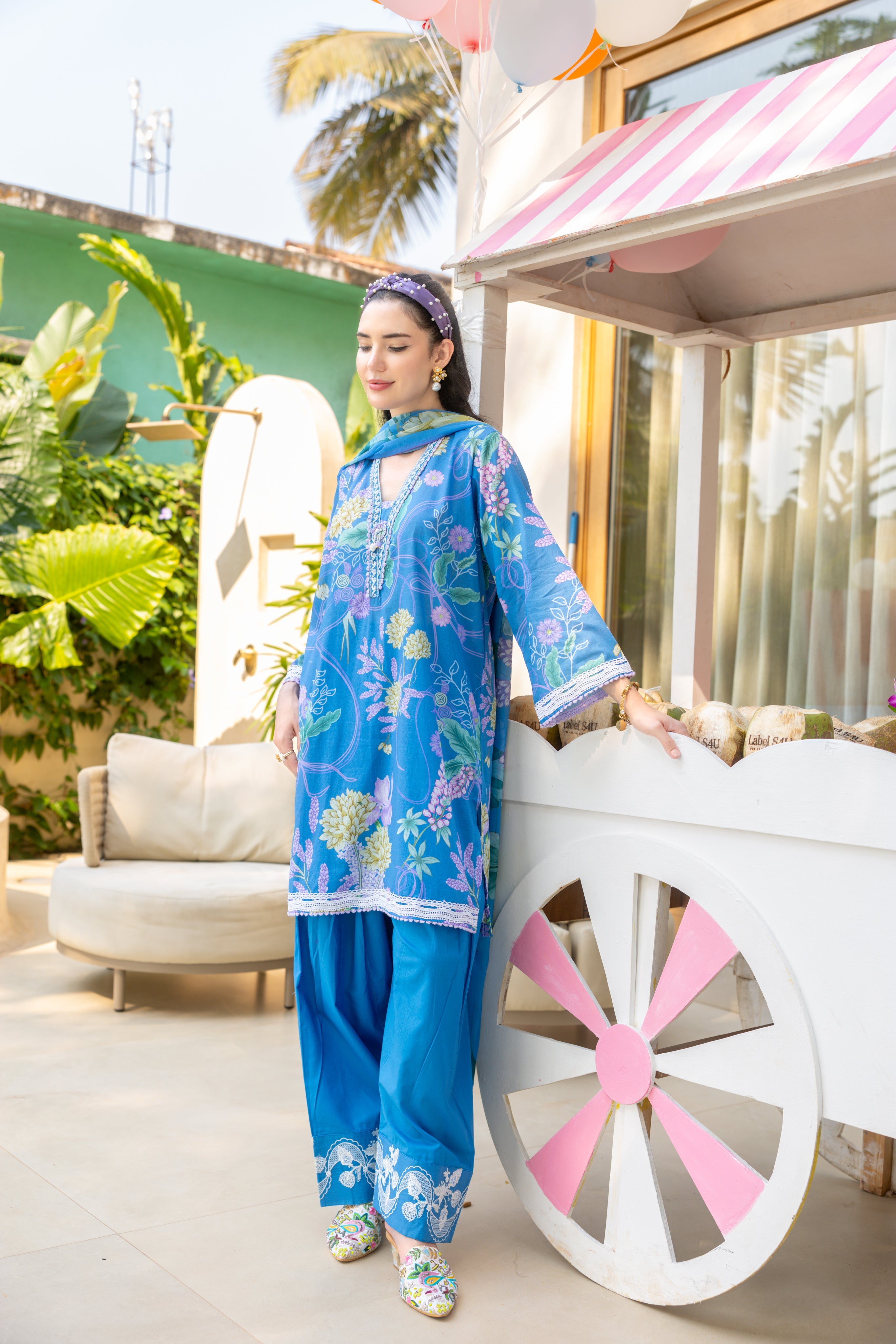Cerulean Flora Printed Cotton Pant Set