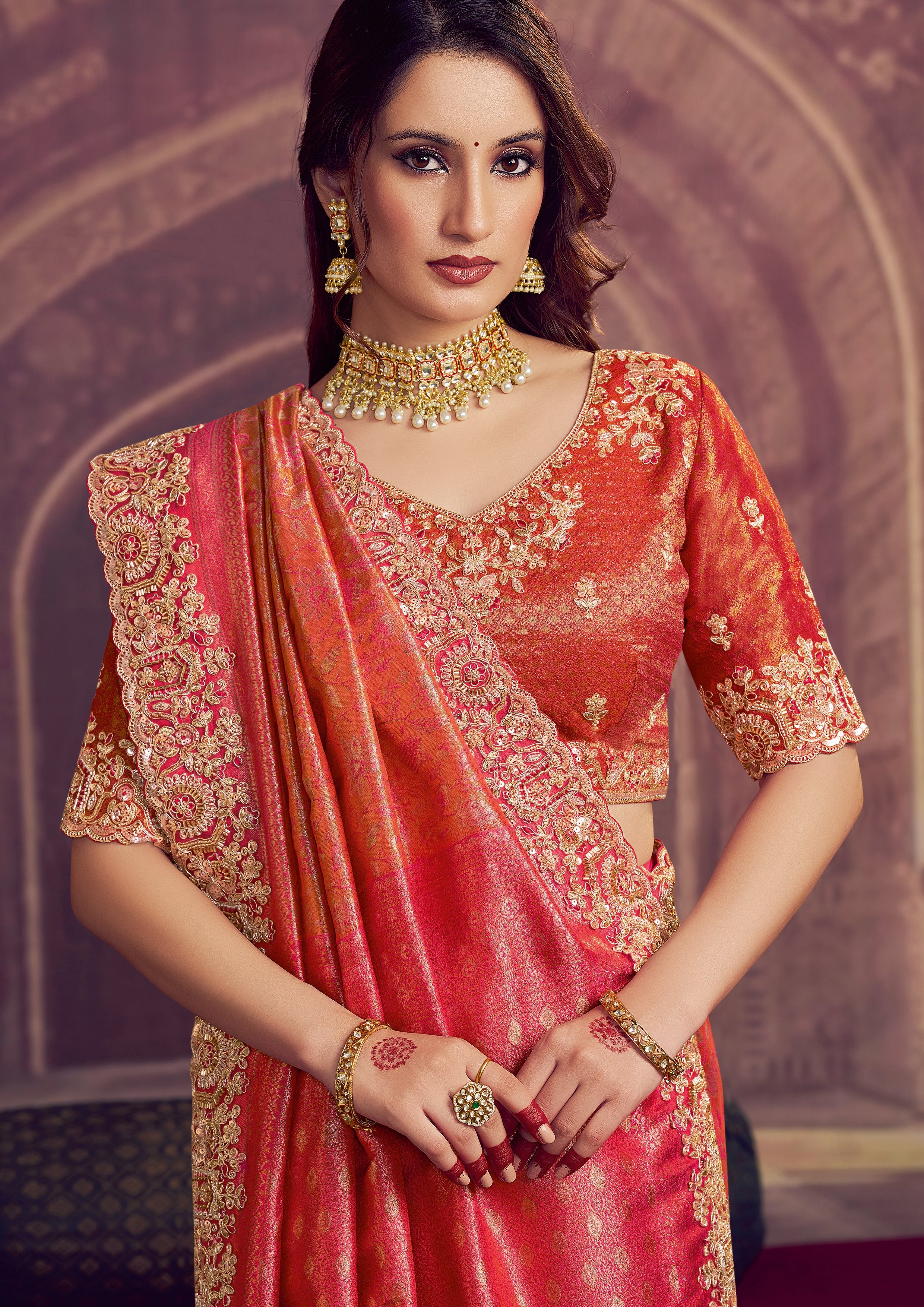 Coral Orange Embellished Kanjivaram Silk Saree