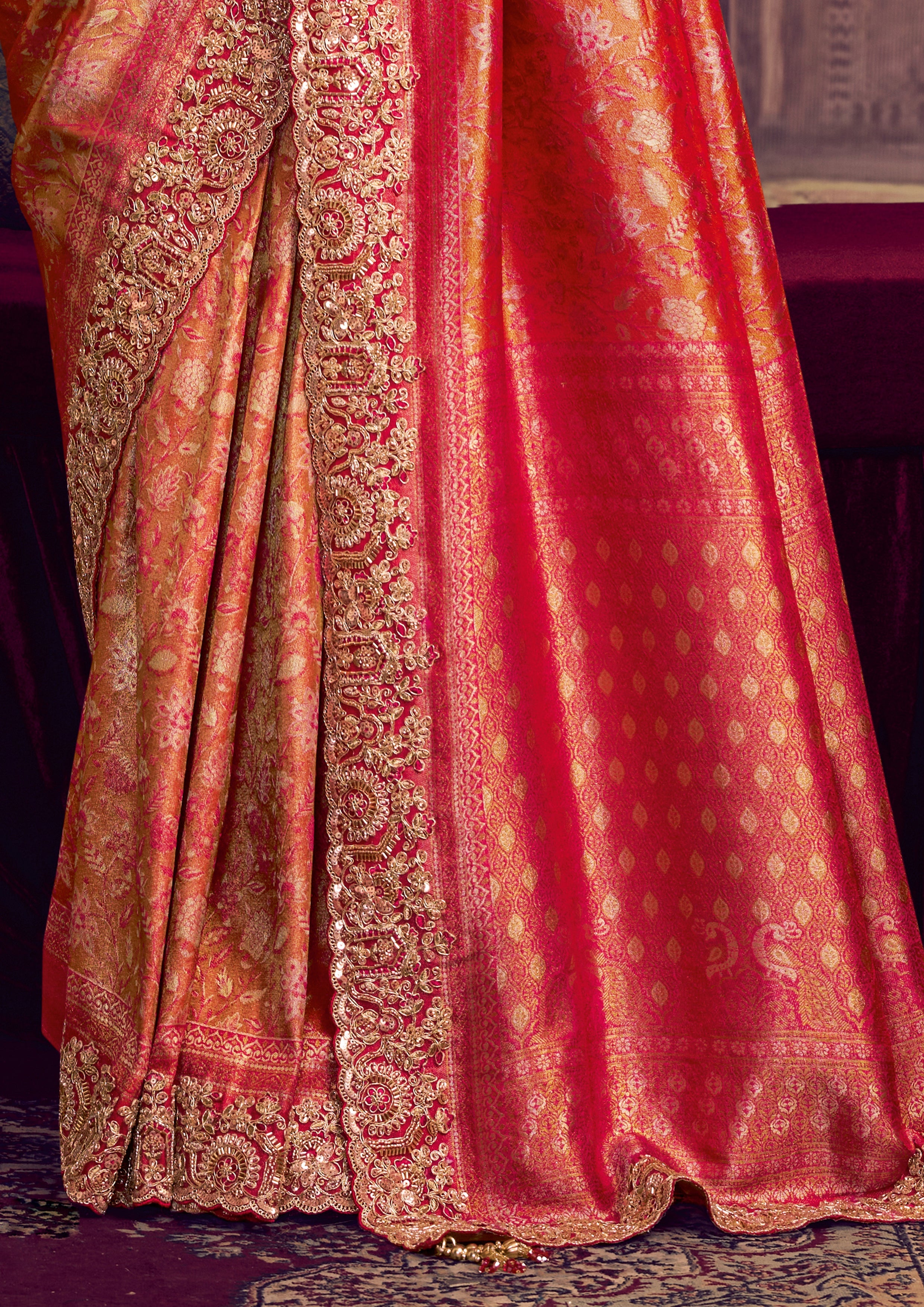 Coral Orange Embellished Kanjivaram Silk Saree