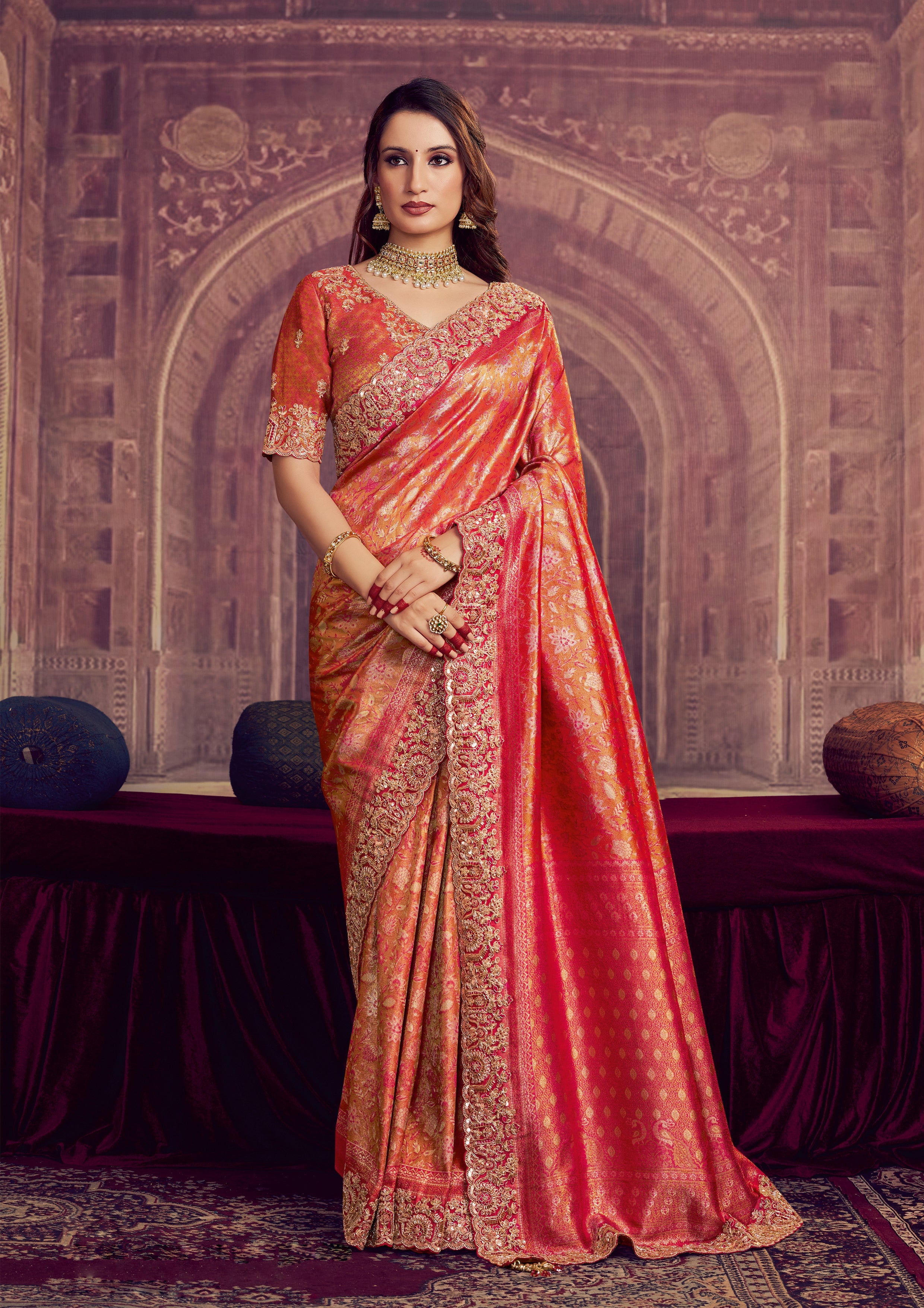 Coral Orange Embellished Kanjivaram Silk Saree