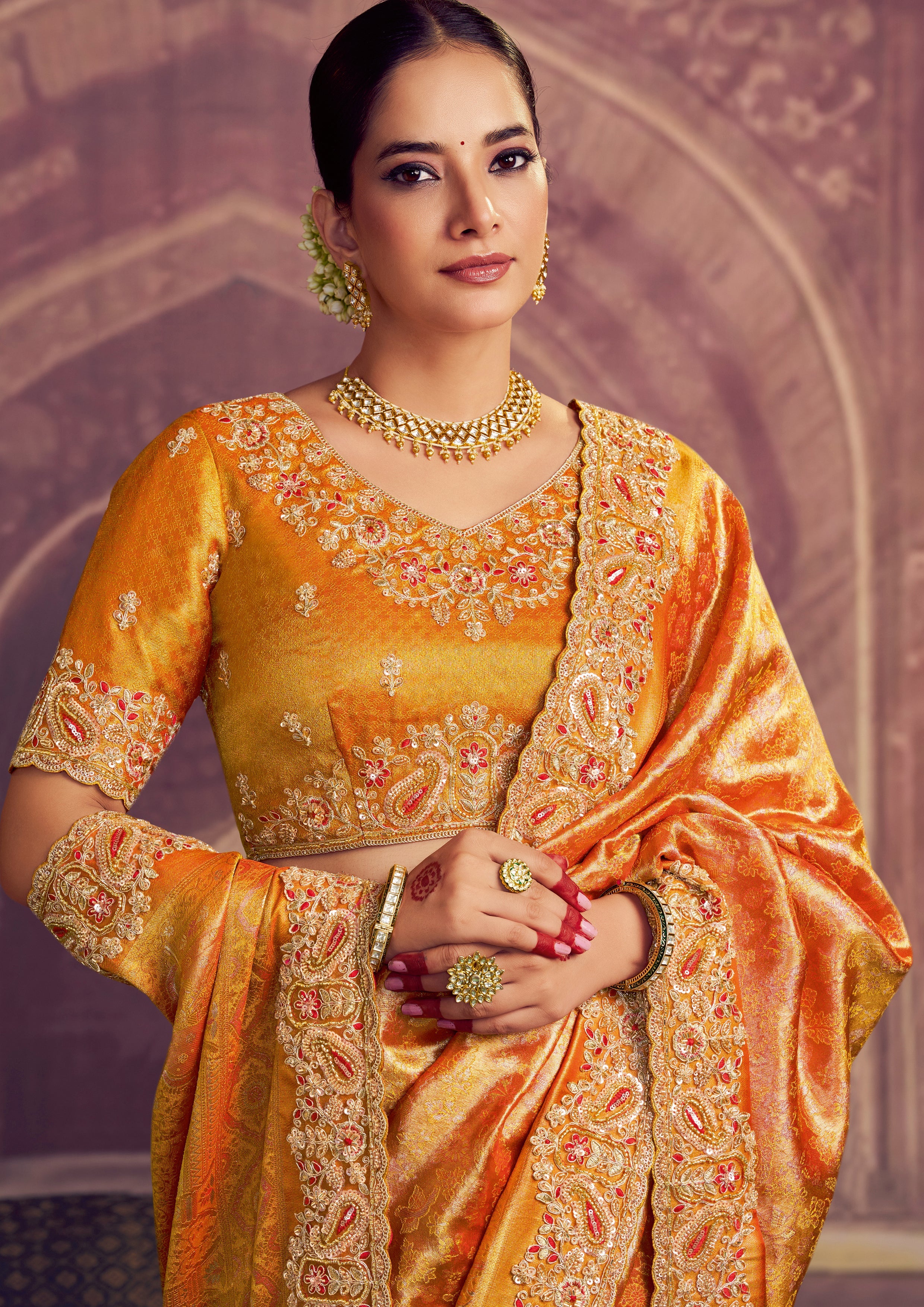 Saffron Gold Embellished Kanjivaram Silk Saree